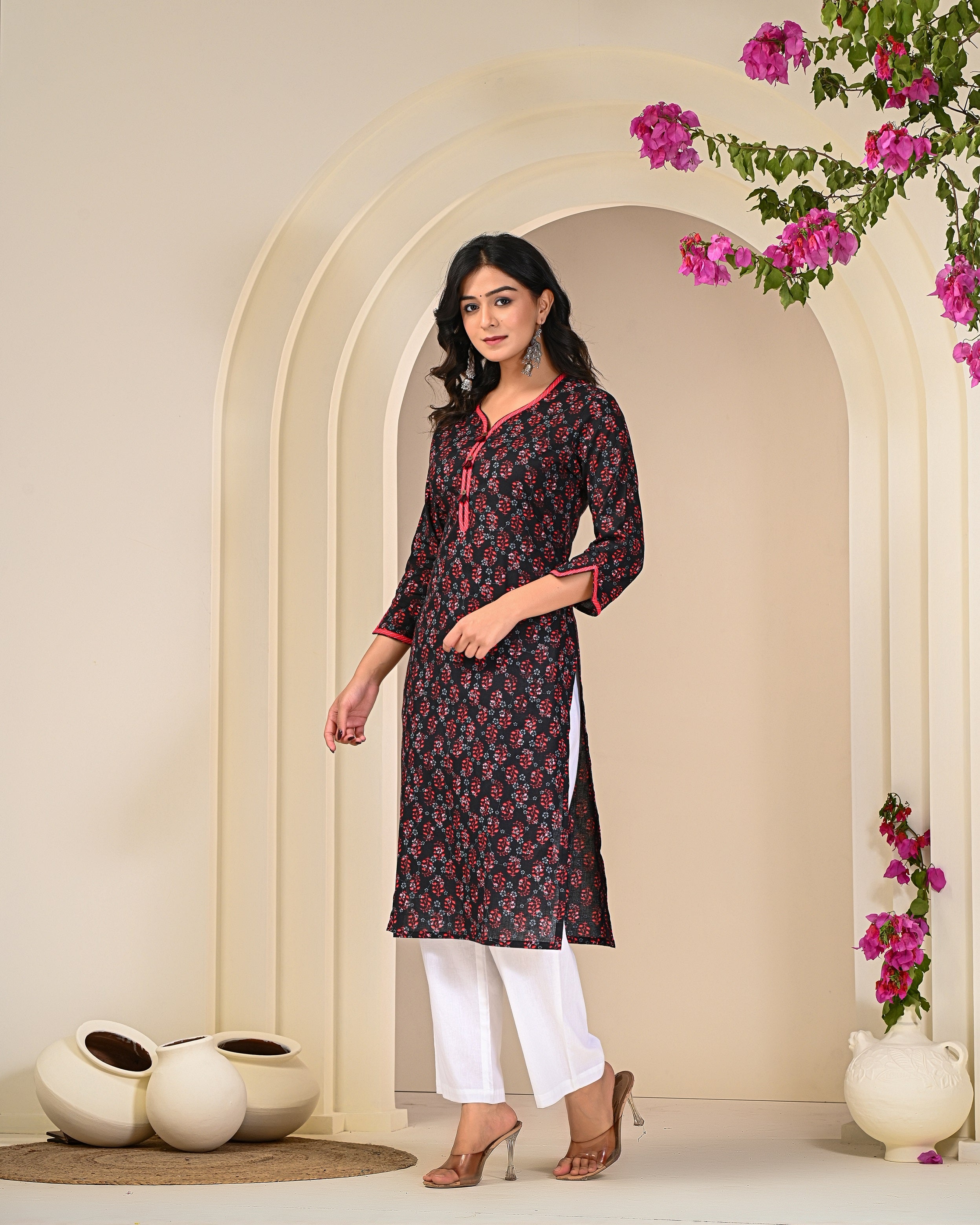 side view of Black cotton block print kurti for women