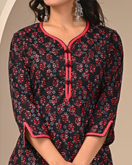 close-up of traditional Jaipuri block print on cotton kurti