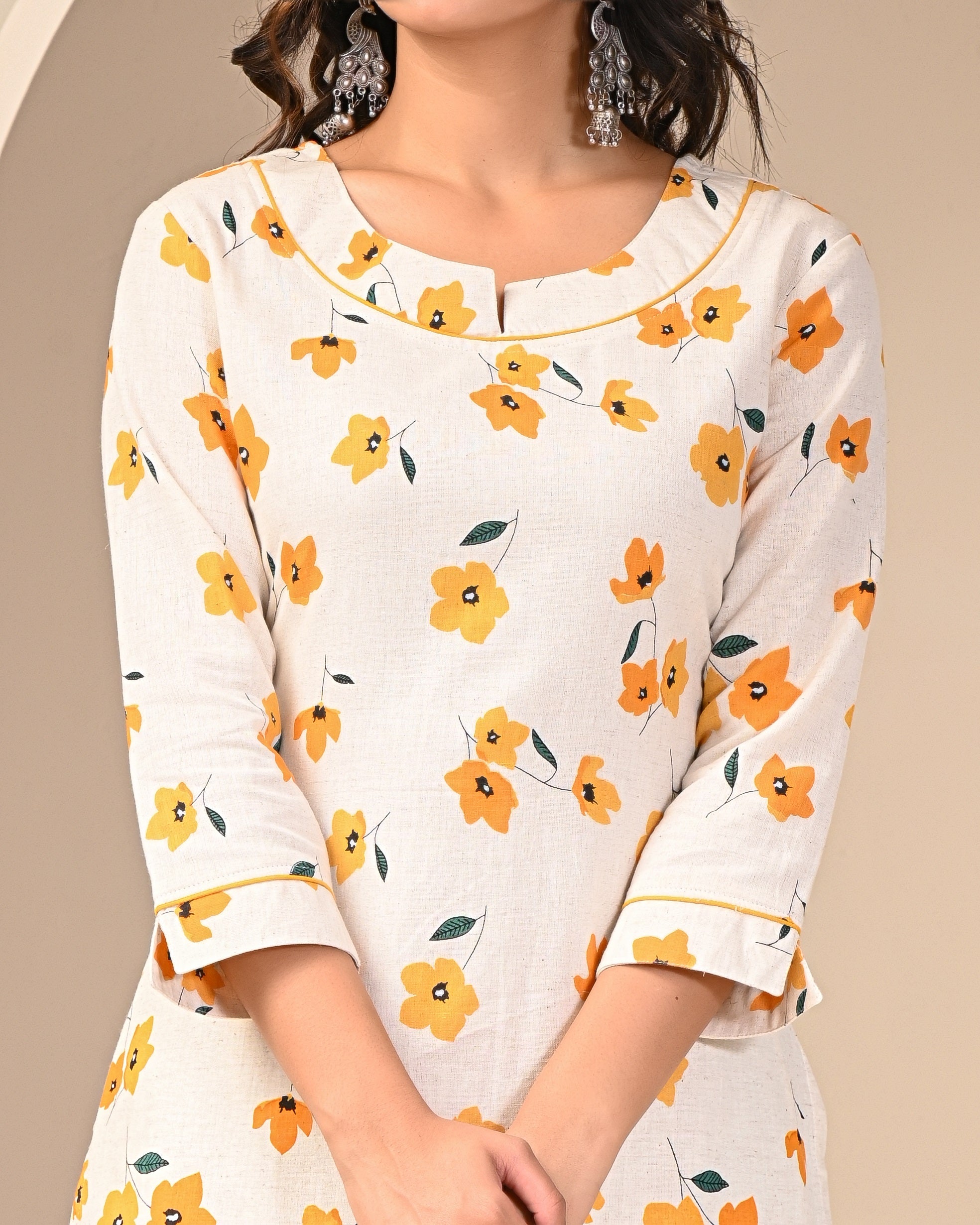close-up of traditional Jaipuri block print on cotton kurti