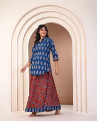 side view of cotton block print kurta with skirt