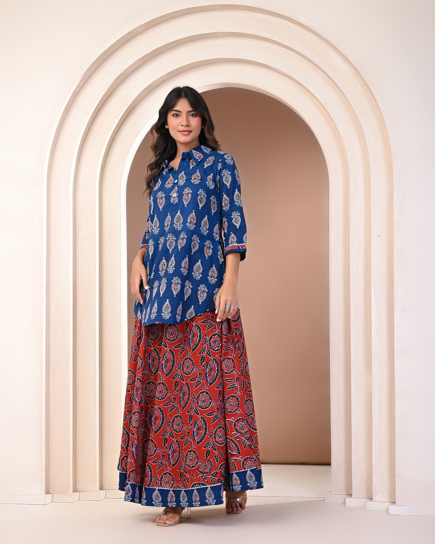 side view of cotton block print kurta with skirt