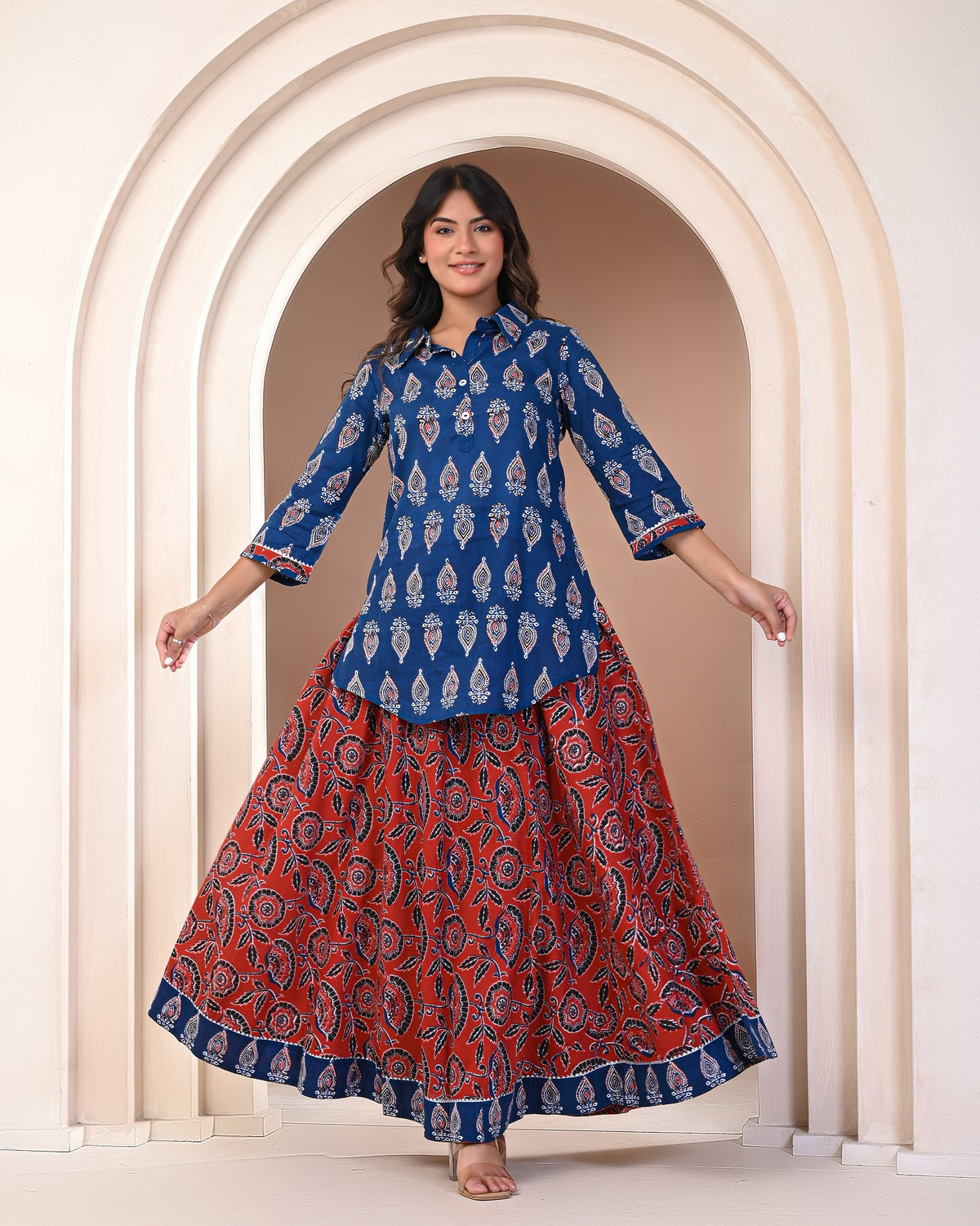 women’s Blue pure cotton Jaipuri block printed kurta set