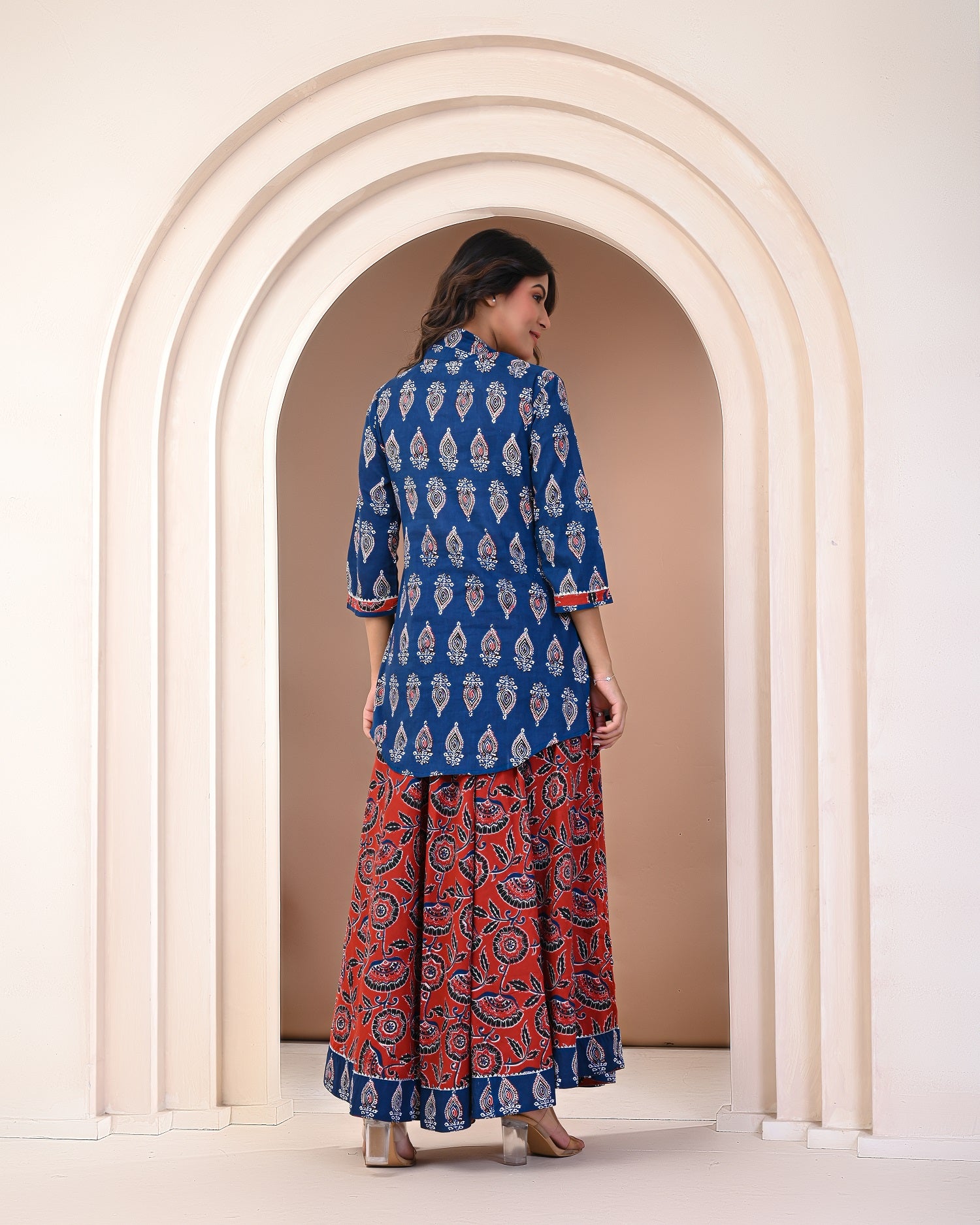 back view of women’s cotton Jaipuri kurta Skirt set