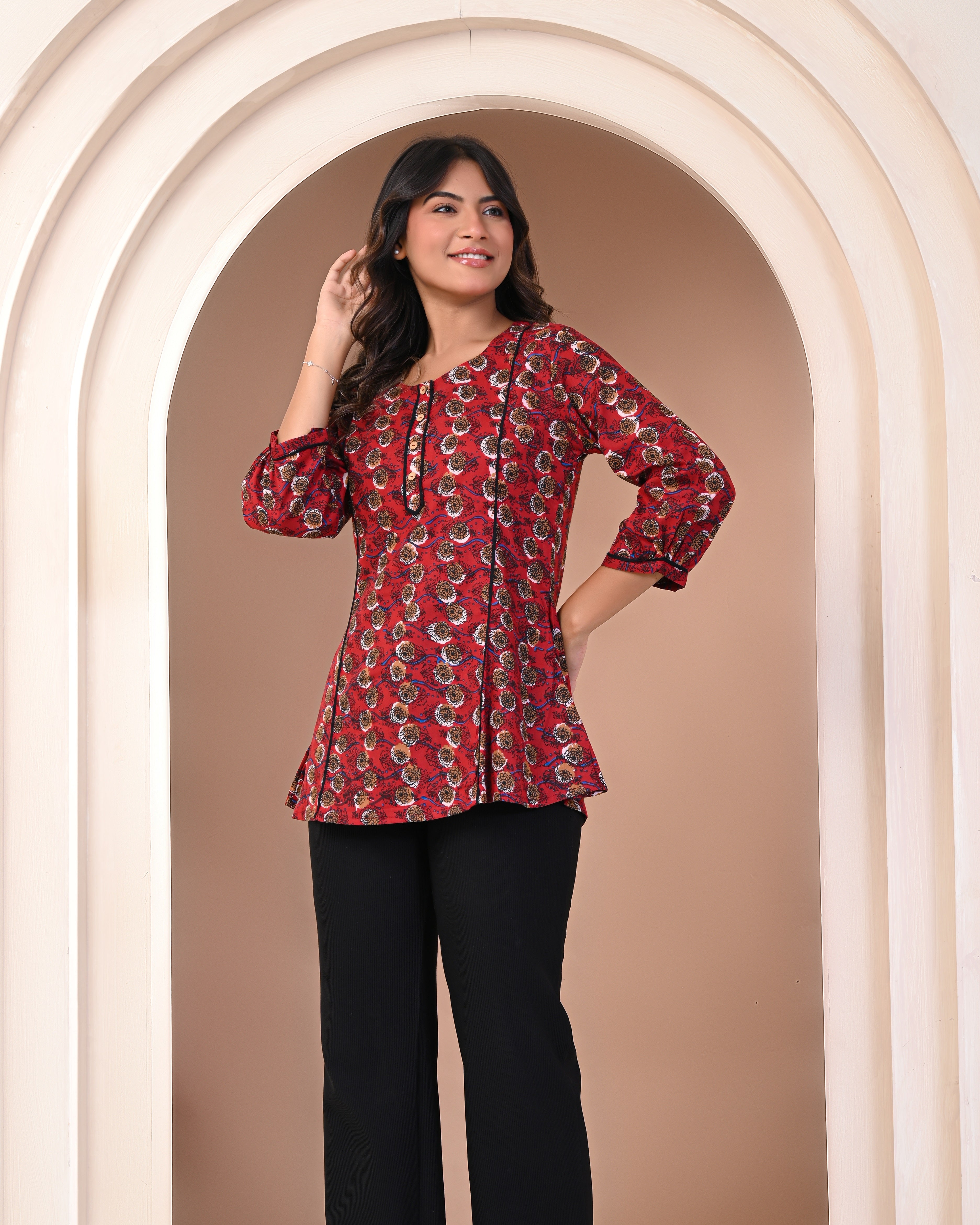 side view of cotton block print top for women