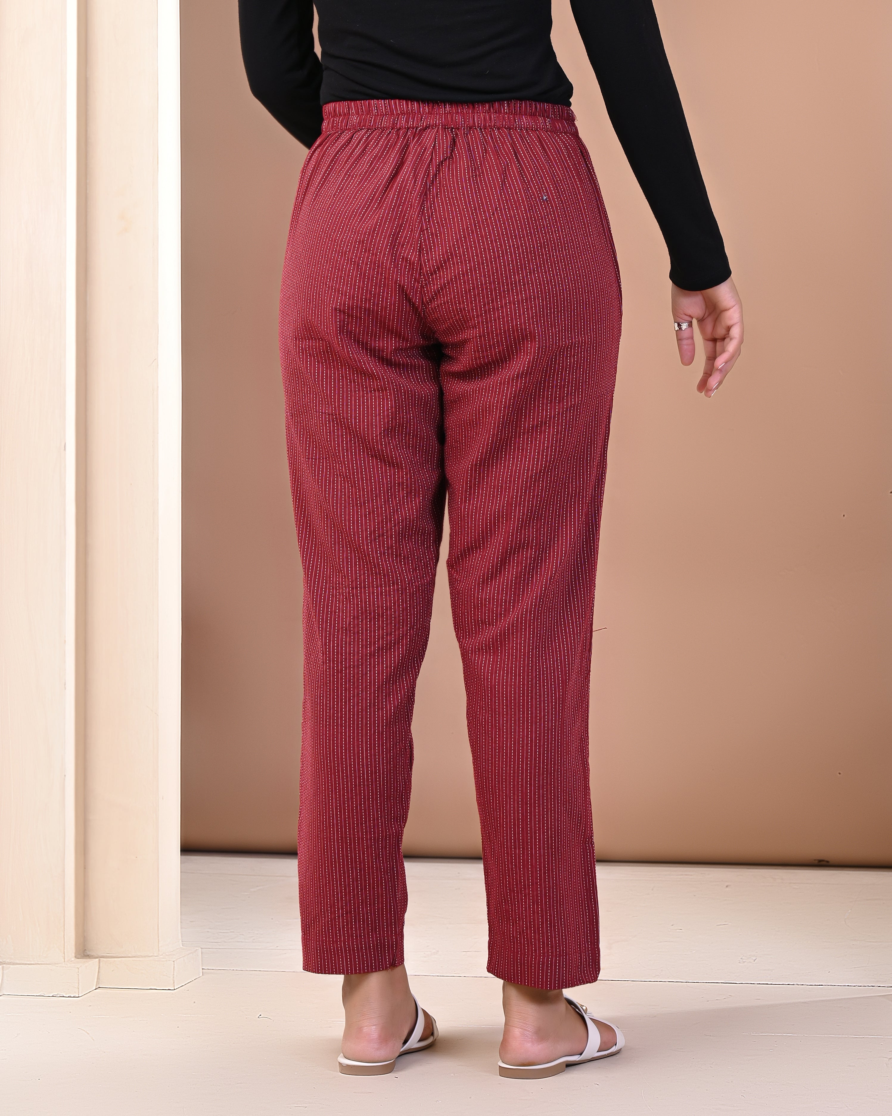 back view of women’s cotton printed pants