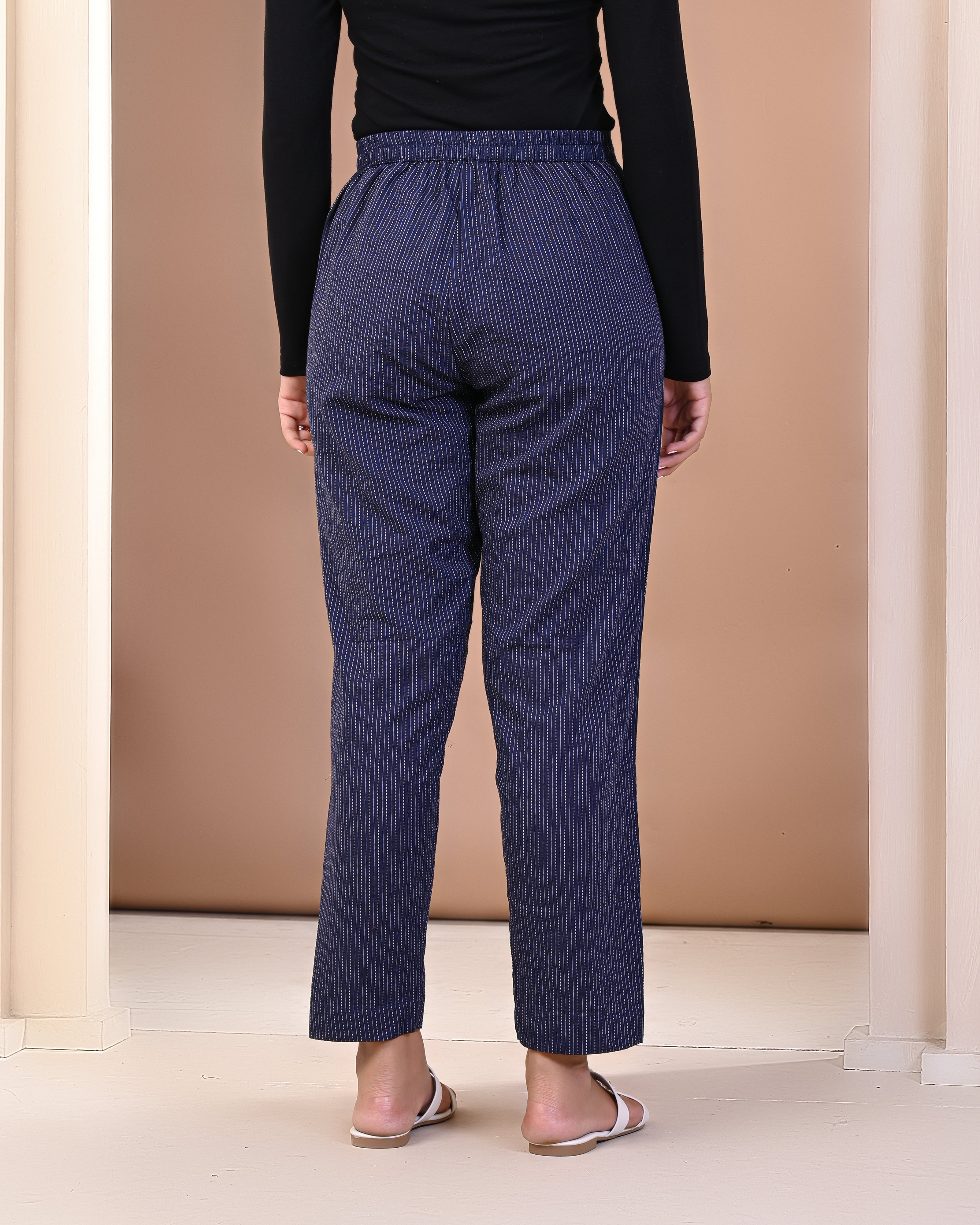 back view of women’s cotton printed pants