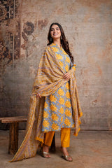 Greyish Blue Floral Printed Pure Cotton Straight Kurta with Trousers & Printed Dupatta