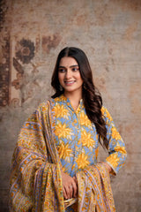 Greyish Blue Floral Printed Pure Cotton Straight Kurta with Trousers & Printed Dupatta
