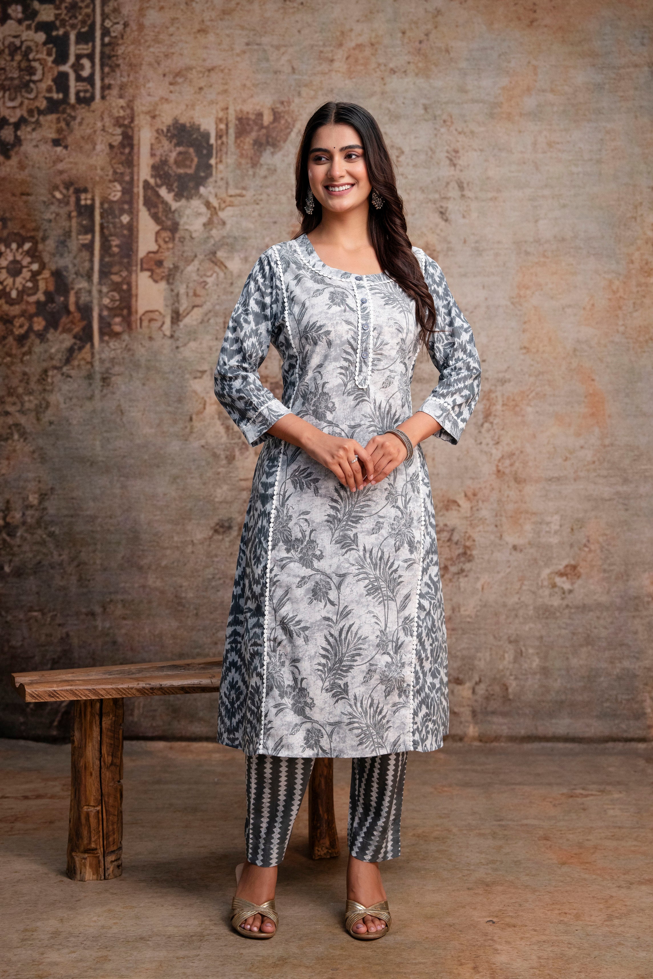 Grey & White Leaf Print Pure Cotton Kurta with Chevron Trousers & Dupatta