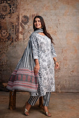 Grey & White Leaf Print Pure Cotton Kurta with Chevron Trousers & Dupatta