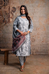 Grey & White Leaf Print Pure Cotton Kurta with Chevron Trousers & Dupatta