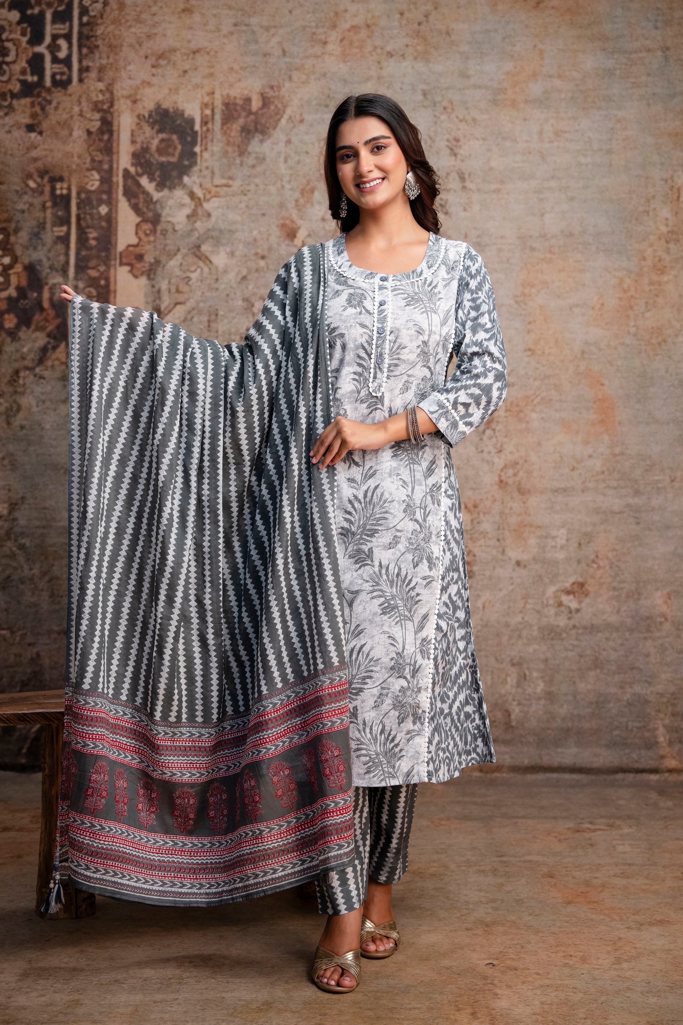 Grey & White Leaf Print Pure Cotton Kurta with Chevron Trousers & Dupatta
