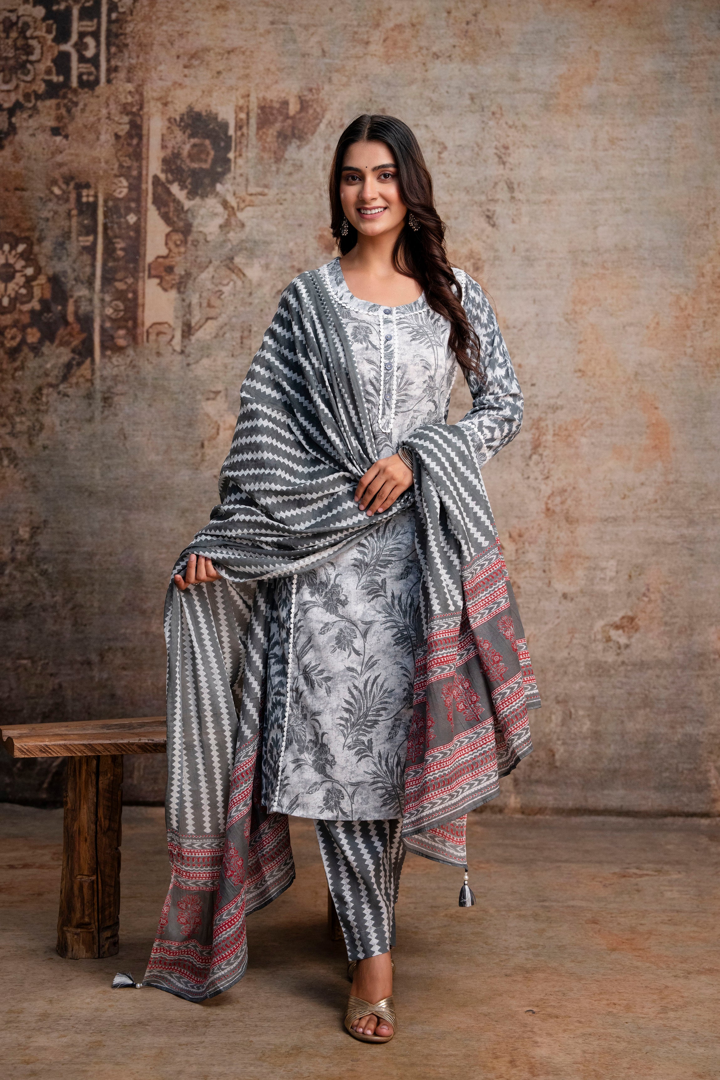 Grey & White Leaf Print Pure Cotton Kurta with Chevron Trousers & Dupatta