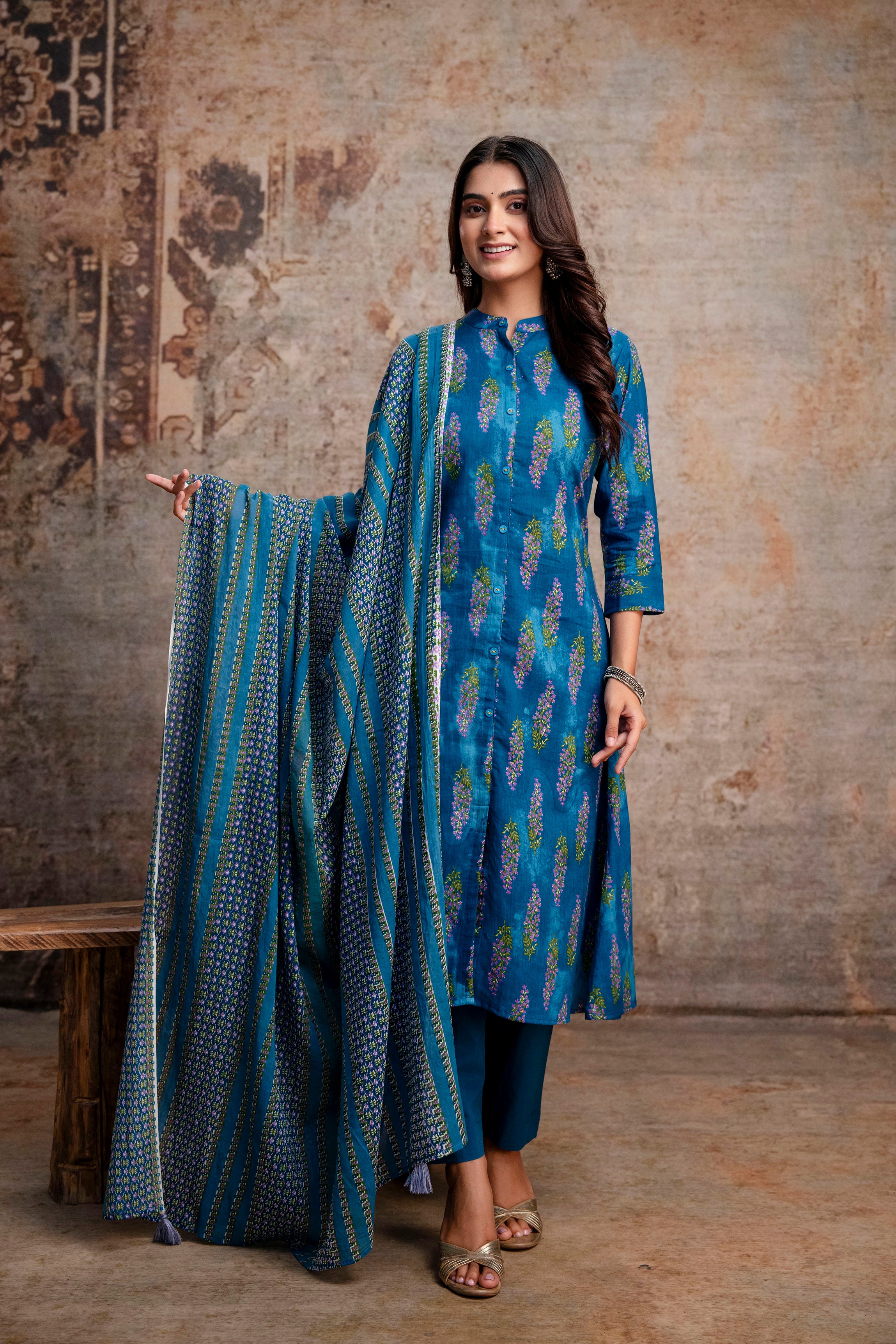 Teal Boota Print Kurta Pant Dupatta Set
