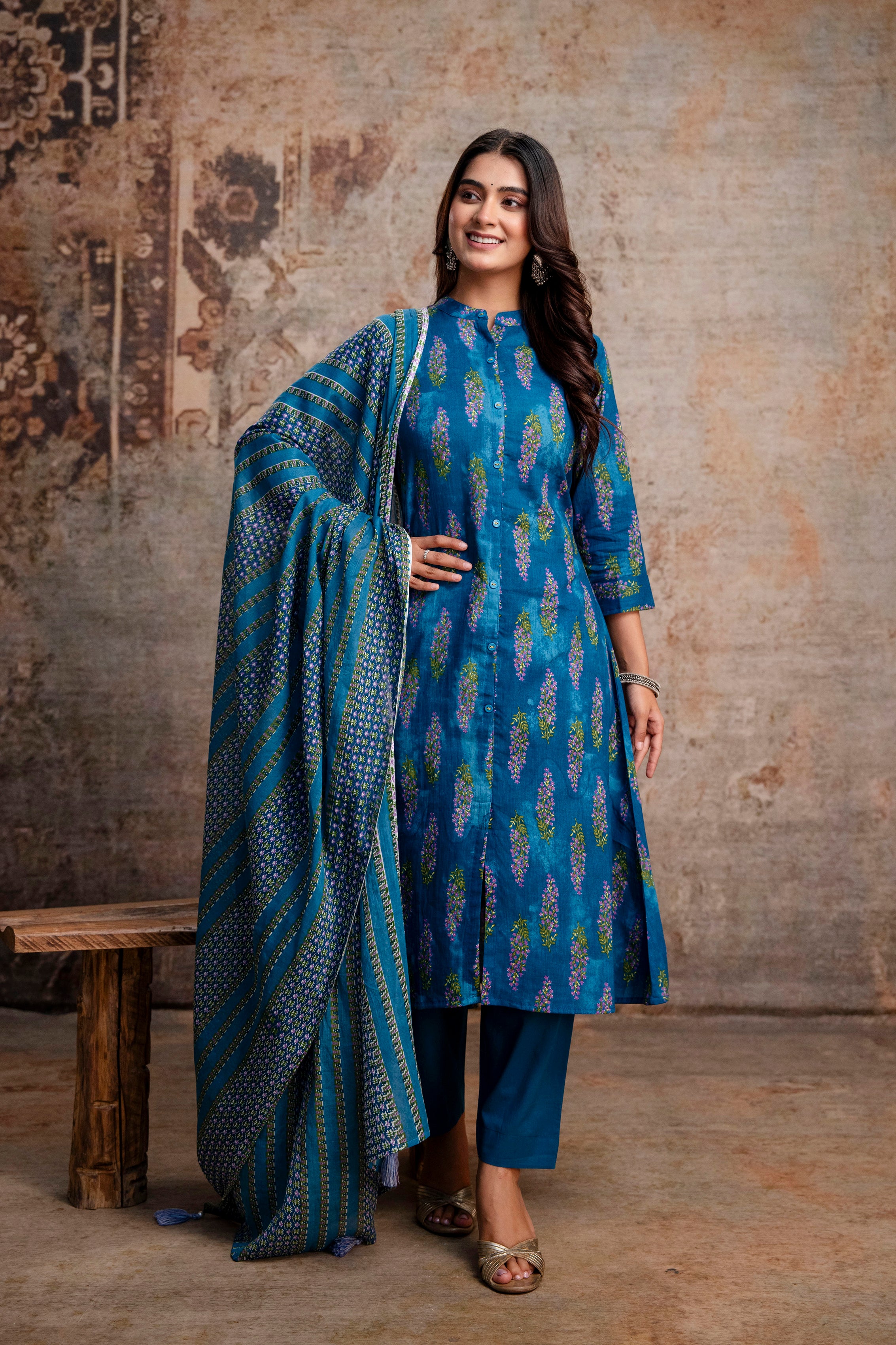 Teal Boota Print Kurta Pant Dupatta Set