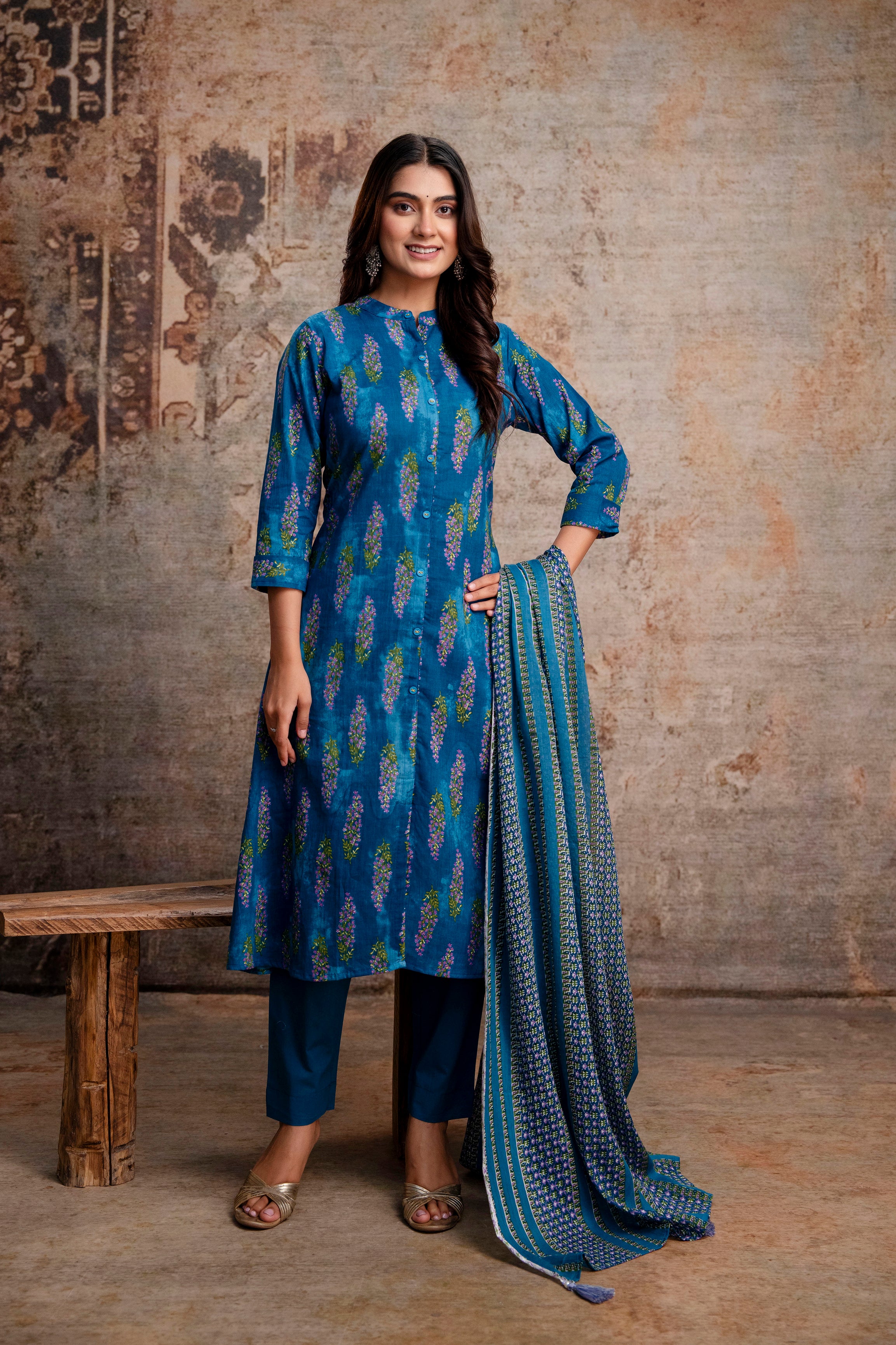 Teal Boota Print Kurta Pant Dupatta Set
