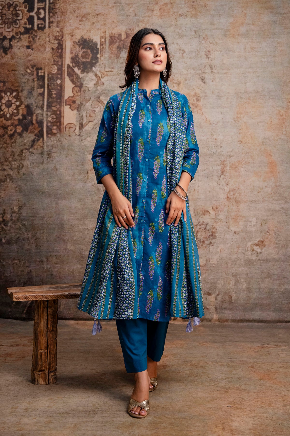Teal Boota Print Kurta Pant Dupatta Set