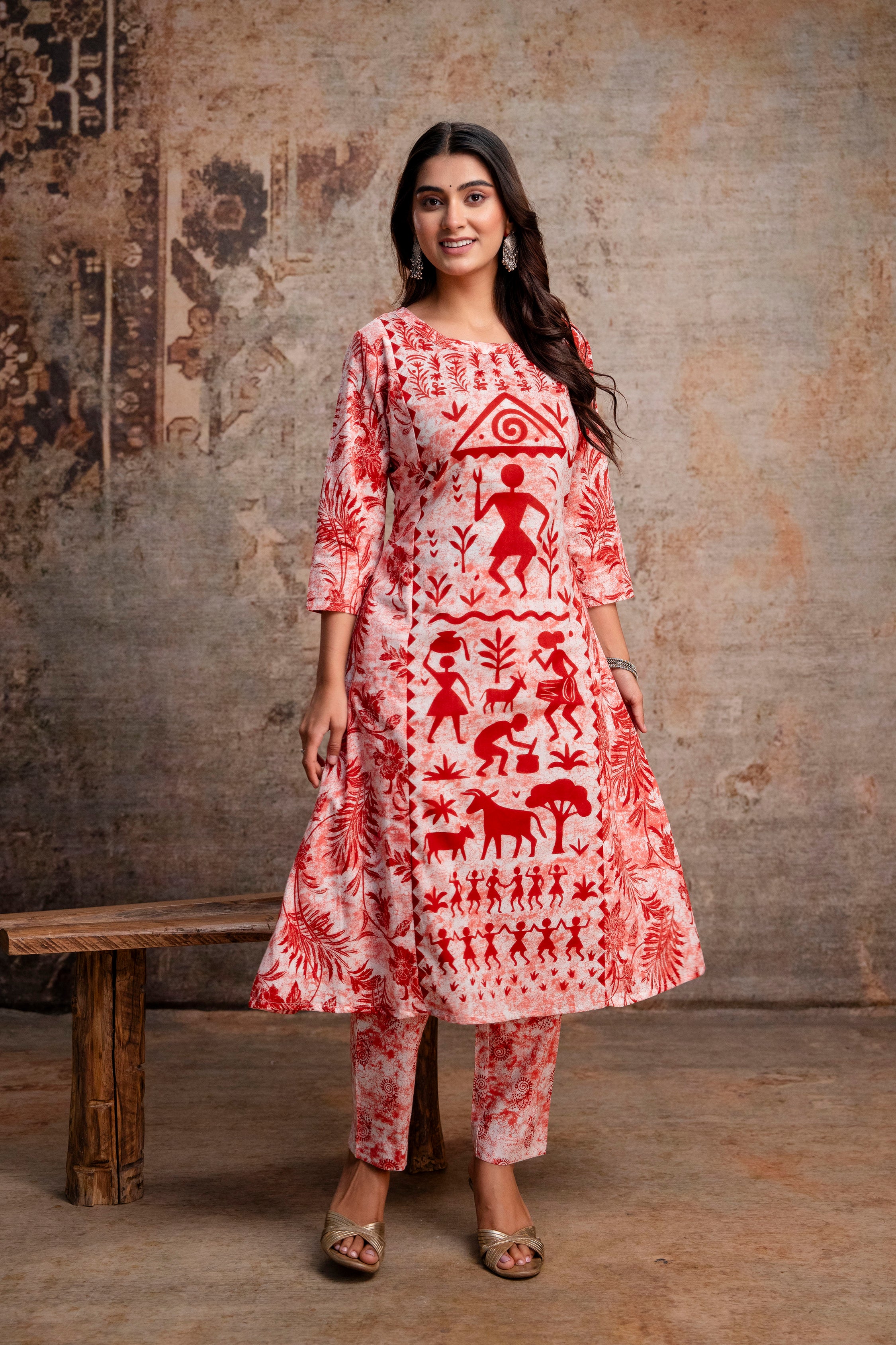 Red & White Warli Folk Print Pure Cotton Kurta with Trousers & Dupatta
