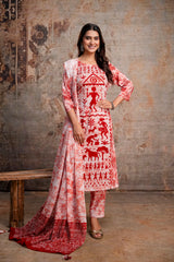 Red & White Warli Folk Print Pure Cotton Kurta with Trousers & Dupatta