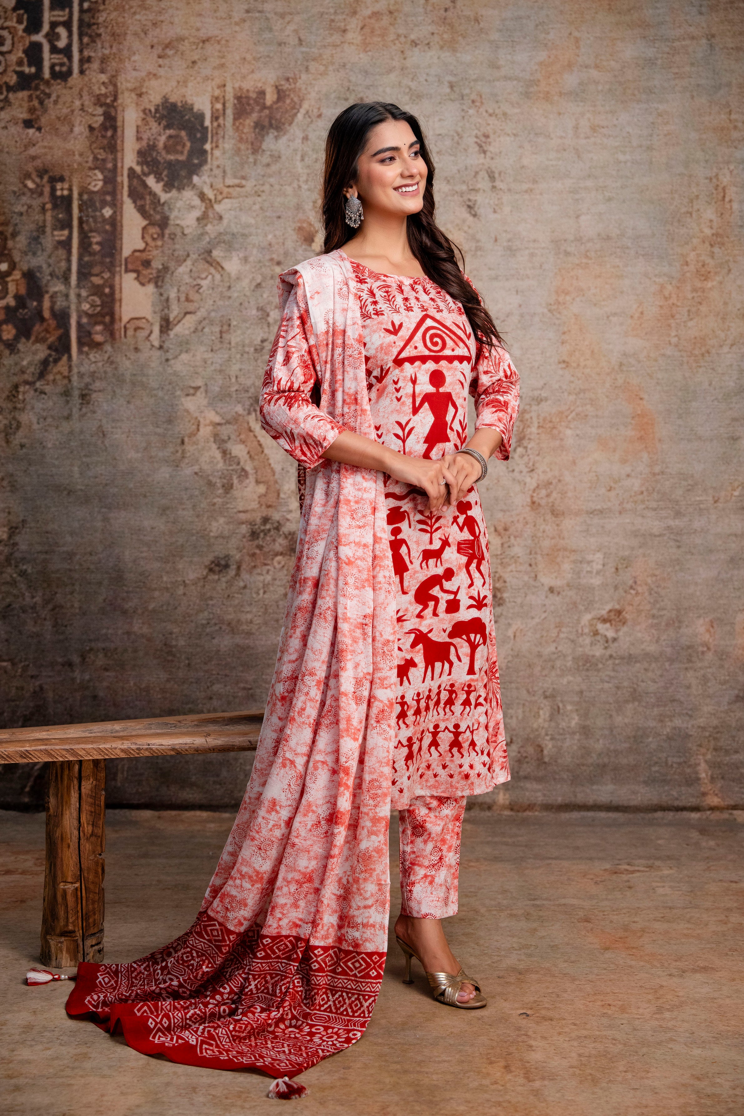 Red & White Warli Folk Print Pure Cotton Kurta with Trousers & Dupatta