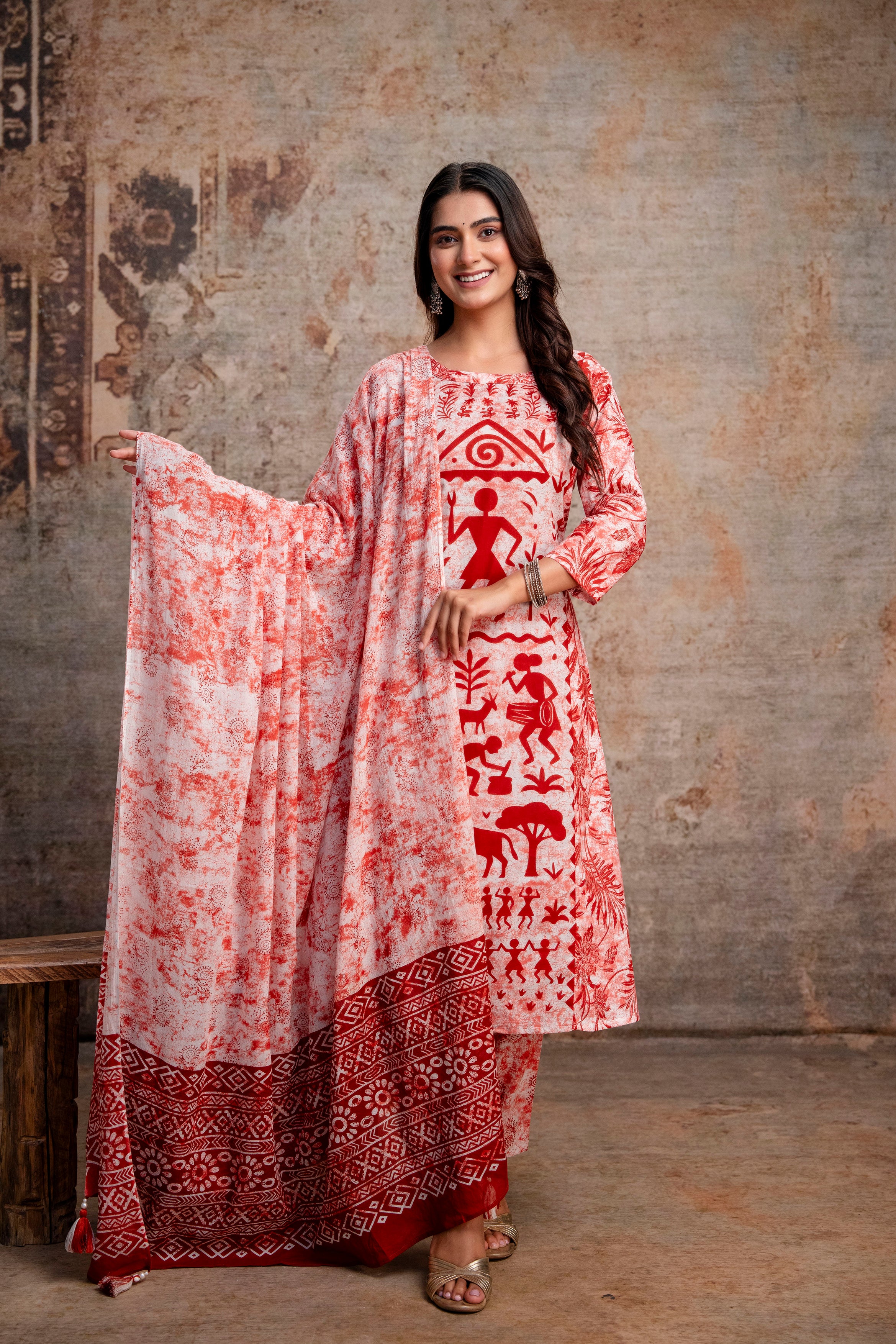 Red & White Warli Folk Print Pure Cotton Kurta with Trousers & Dupatta
