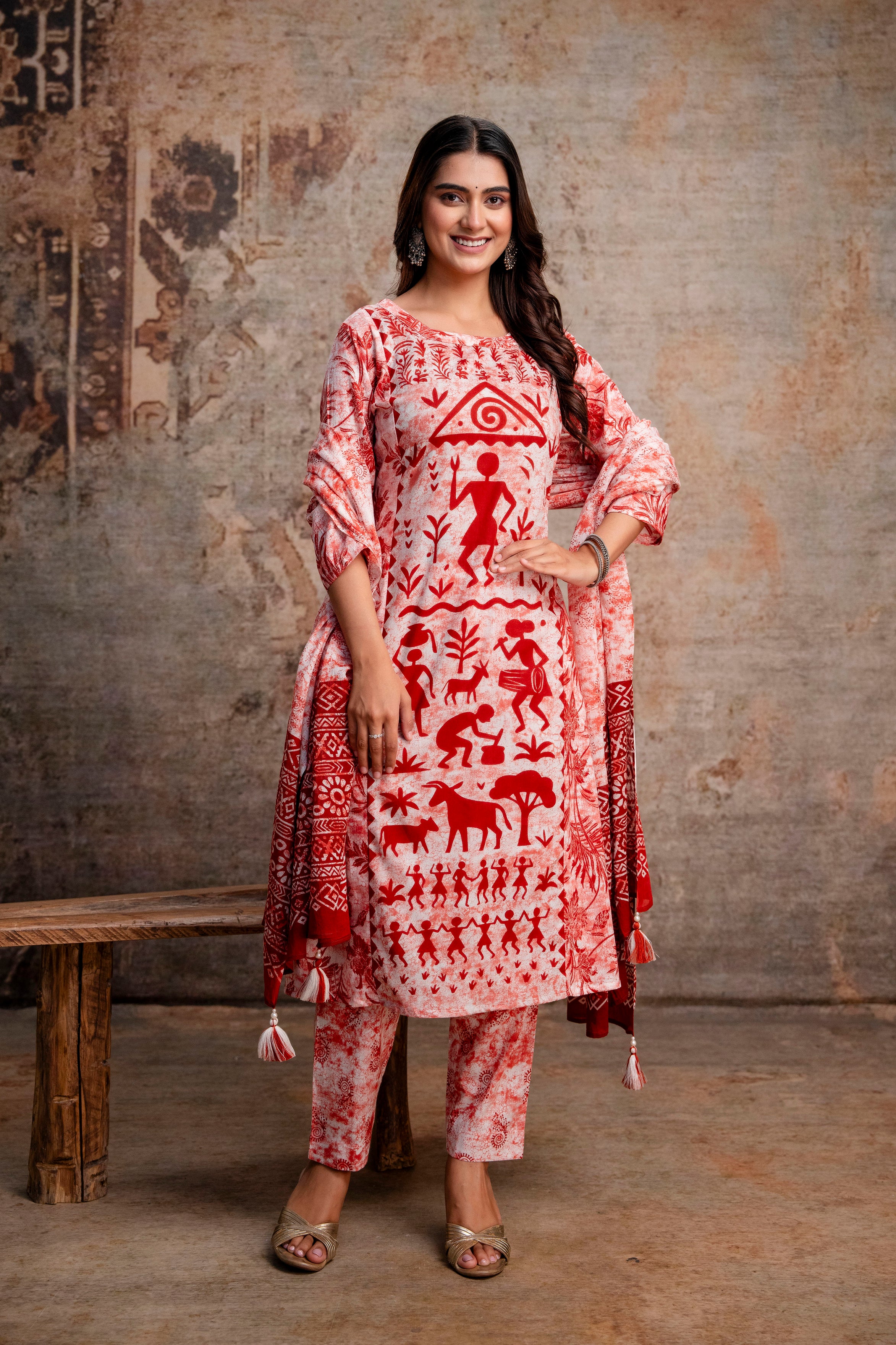 Red & White Warli Folk Print Pure Cotton Kurta with Trousers & Dupatta