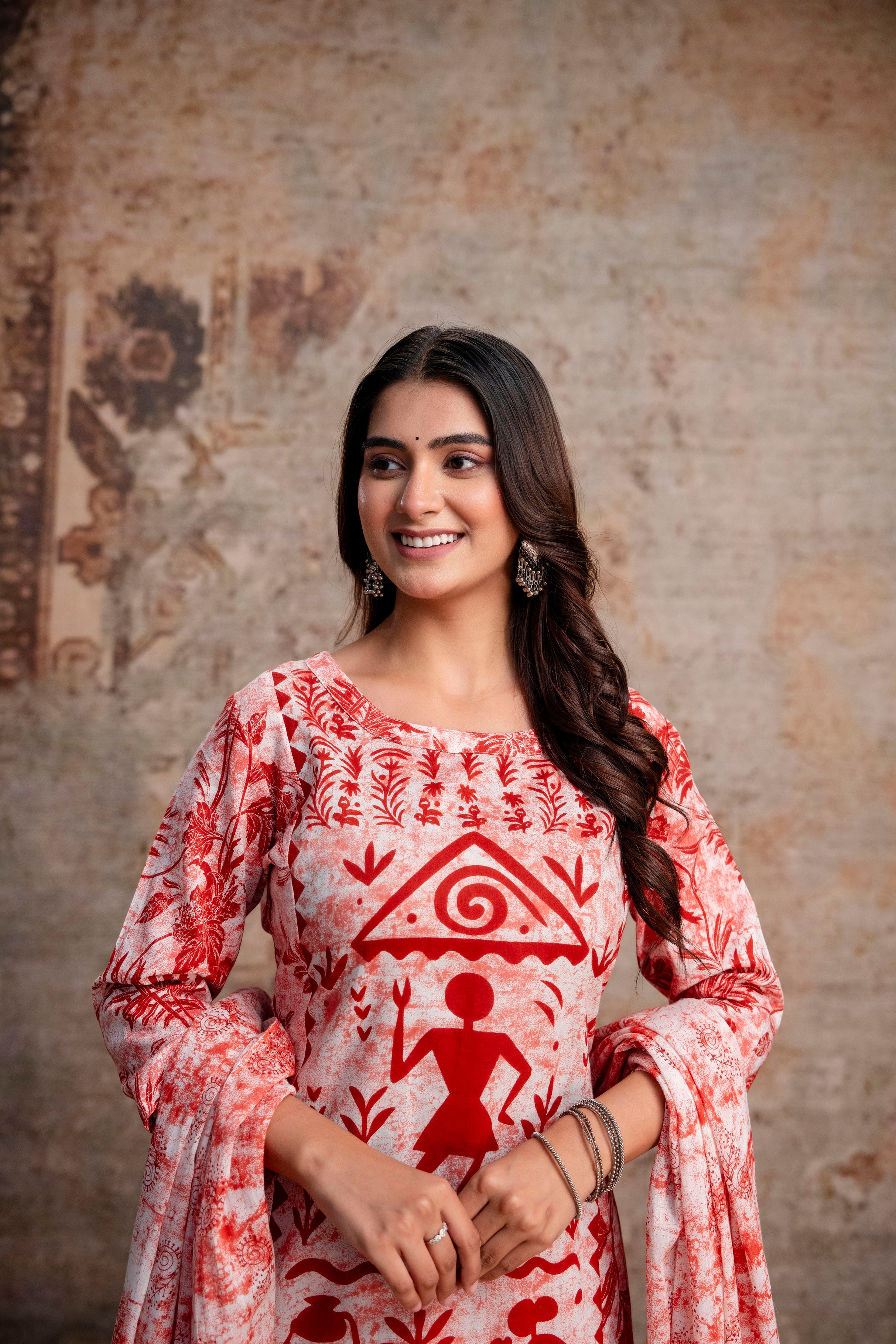 Red & White Warli Folk Print Pure Cotton Kurta with Trousers & Dupatta