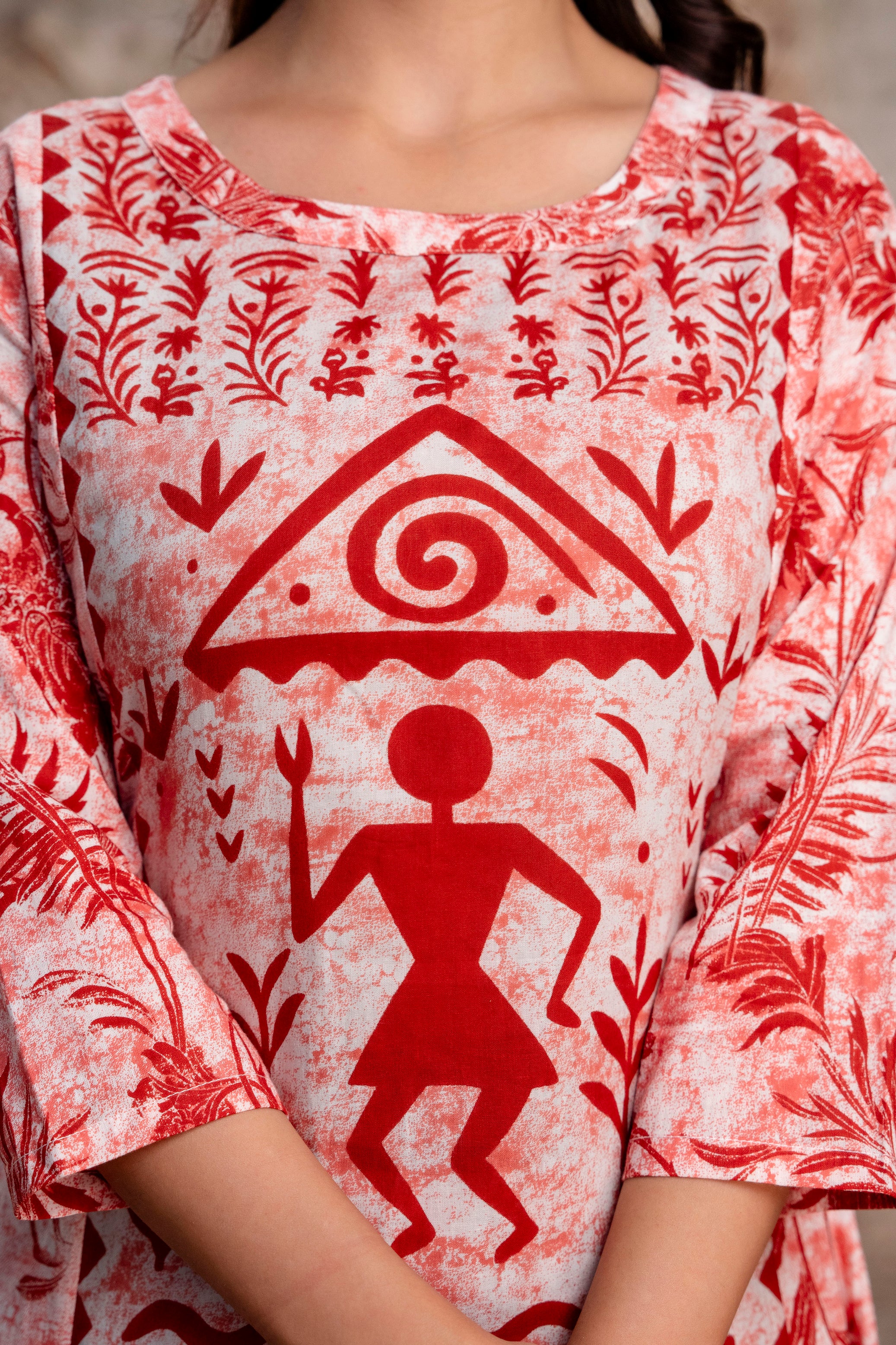 Red & White Warli Folk Print Pure Cotton Kurta with Trousers & Dupatta