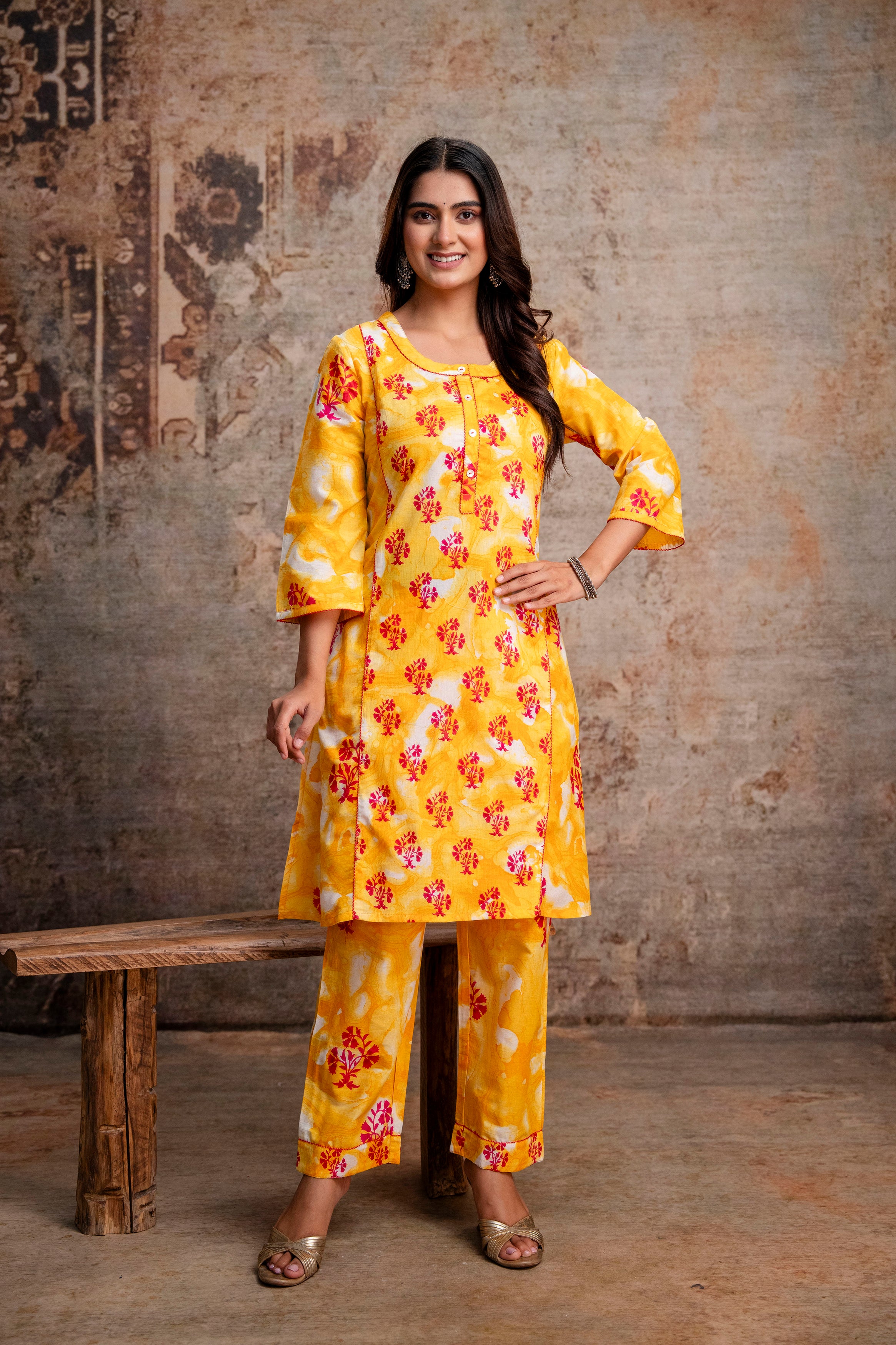 Yellow Boota Print Pure Cotton Kurta Pant Dupatta Set