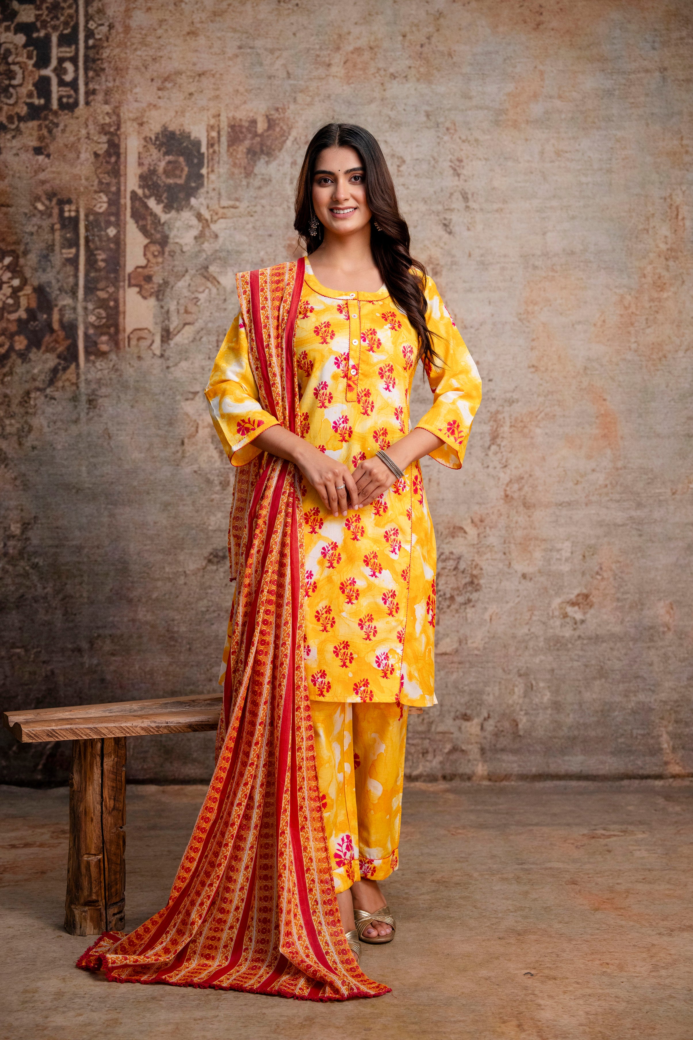 Yellow Boota Print Pure Cotton Kurta Pant Dupatta Set