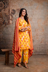 Yellow Boota Print Pure Cotton Kurta Pant Dupatta Set