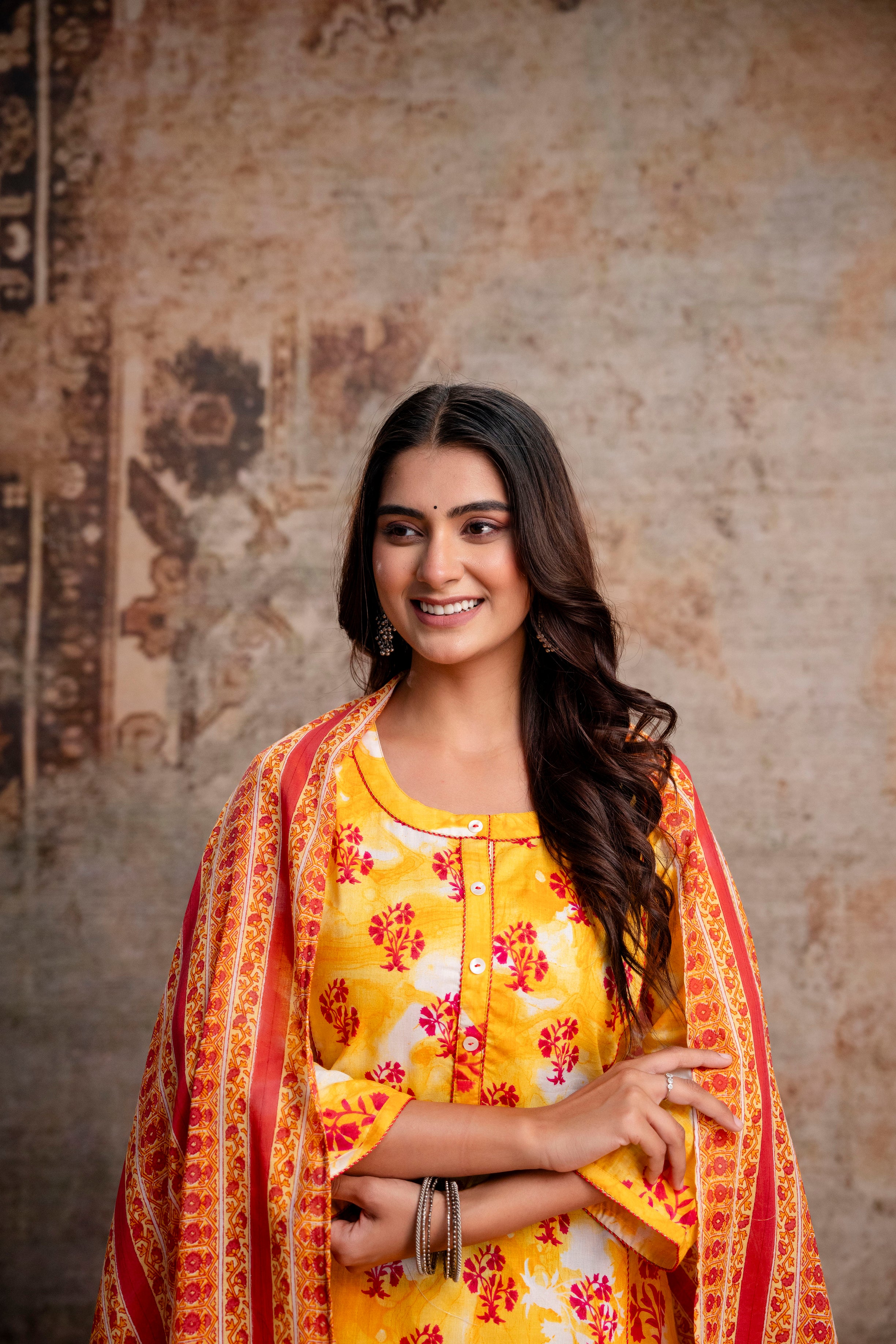 Yellow Boota Print Pure Cotton Kurta Pant Dupatta Set