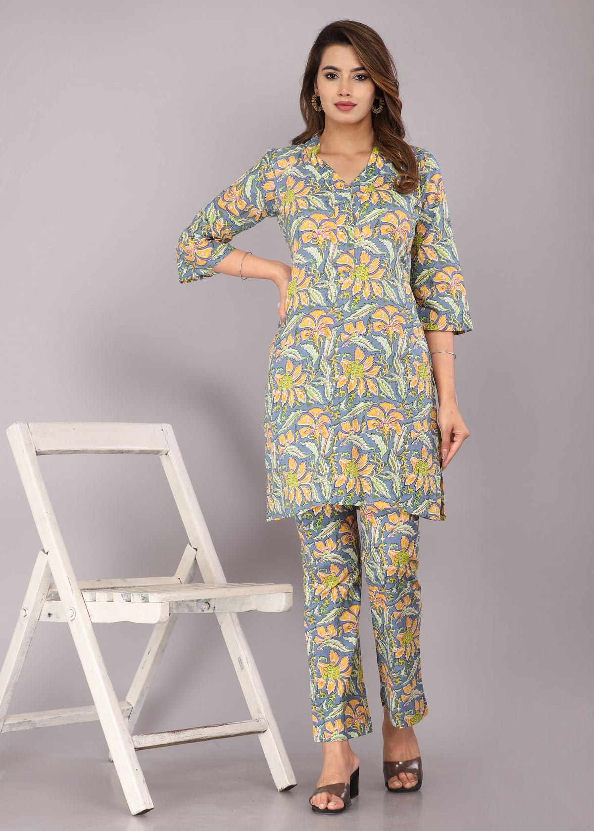 women [Grey] pure cotton block printed co-ord set