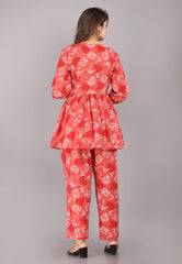 Red Floral Printed Pure Cotton Co-ord Set