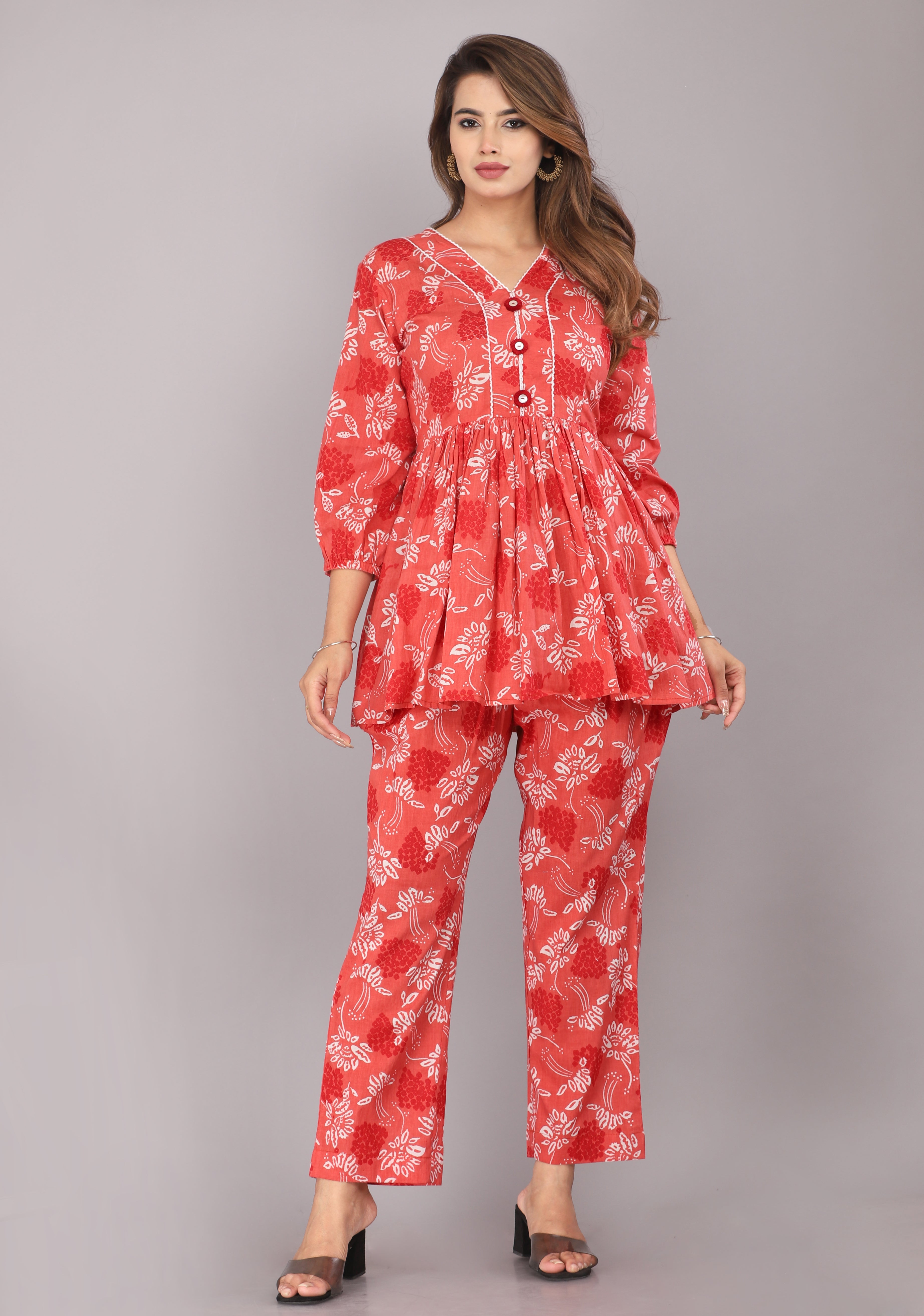 Red Floral Printed Pure Cotton Co-ord Set