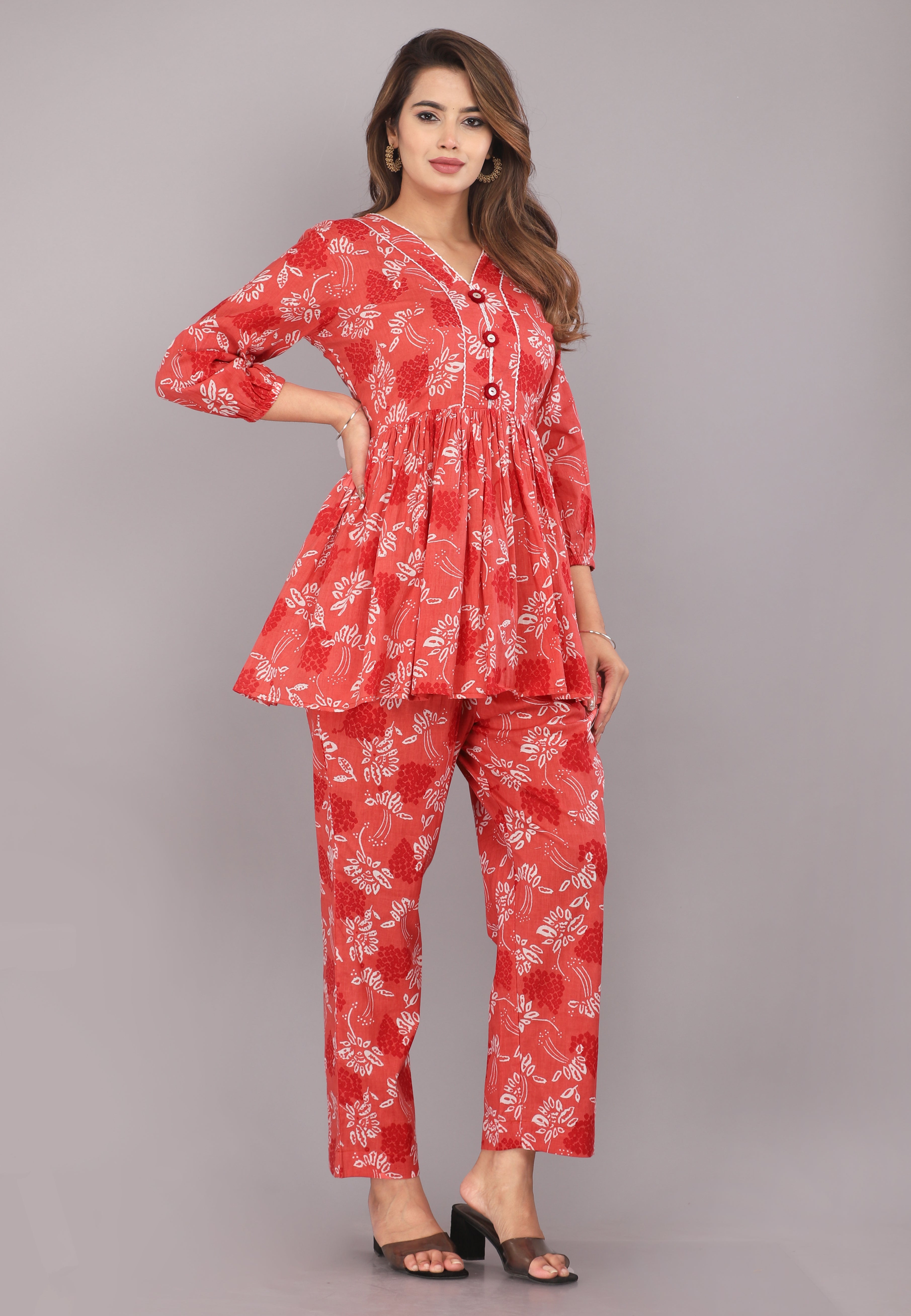 Red Floral Printed Pure Cotton Co-ord Set