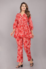 Red Floral Printed Pure Cotton Co-ord Set