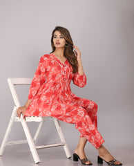 Red Floral Printed Pure Cotton Co-ord Set