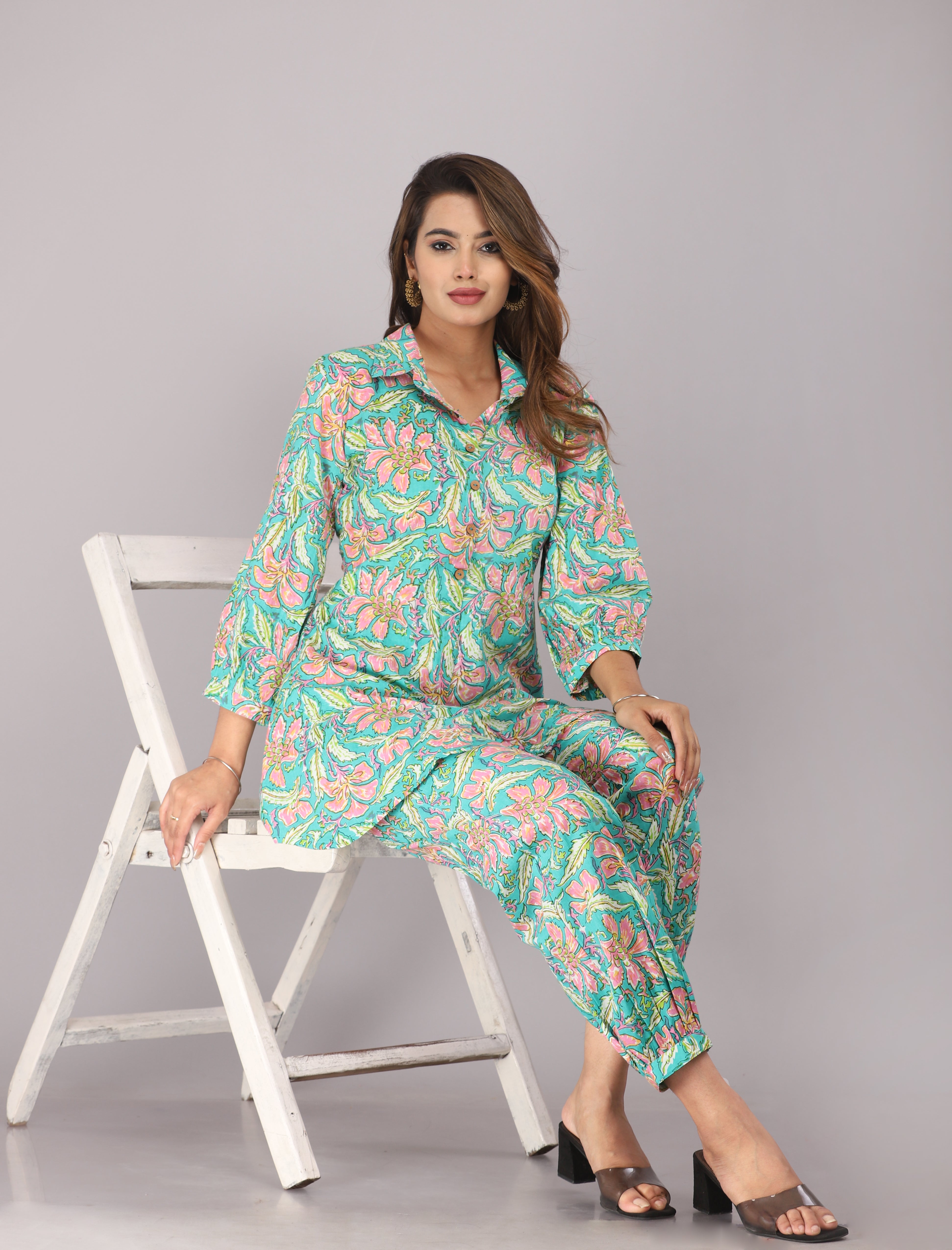 Sea Green Floral Printed Pure Cotton Co-ord Set