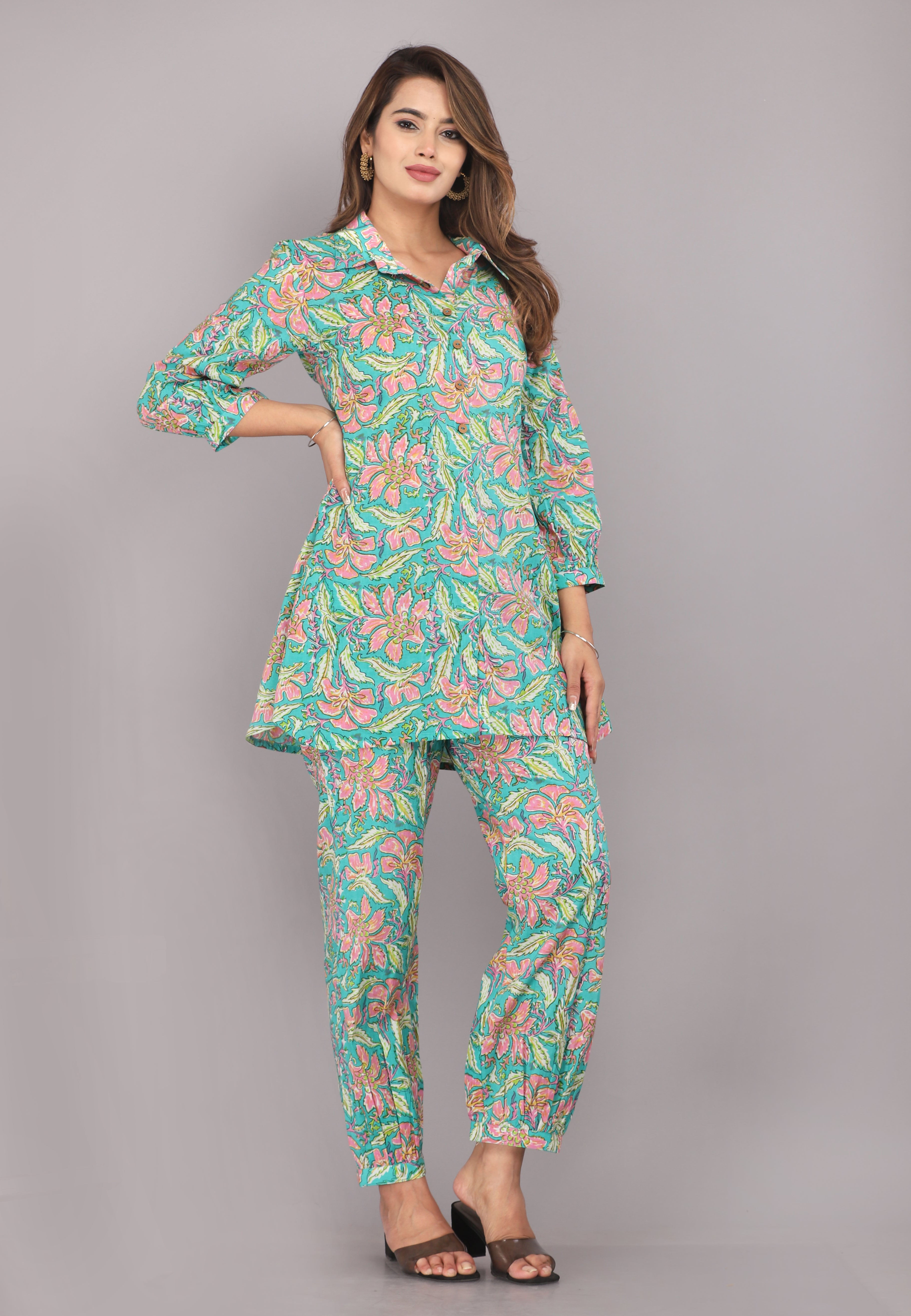 Sea Green Floral Printed Pure Cotton Co-ord Set