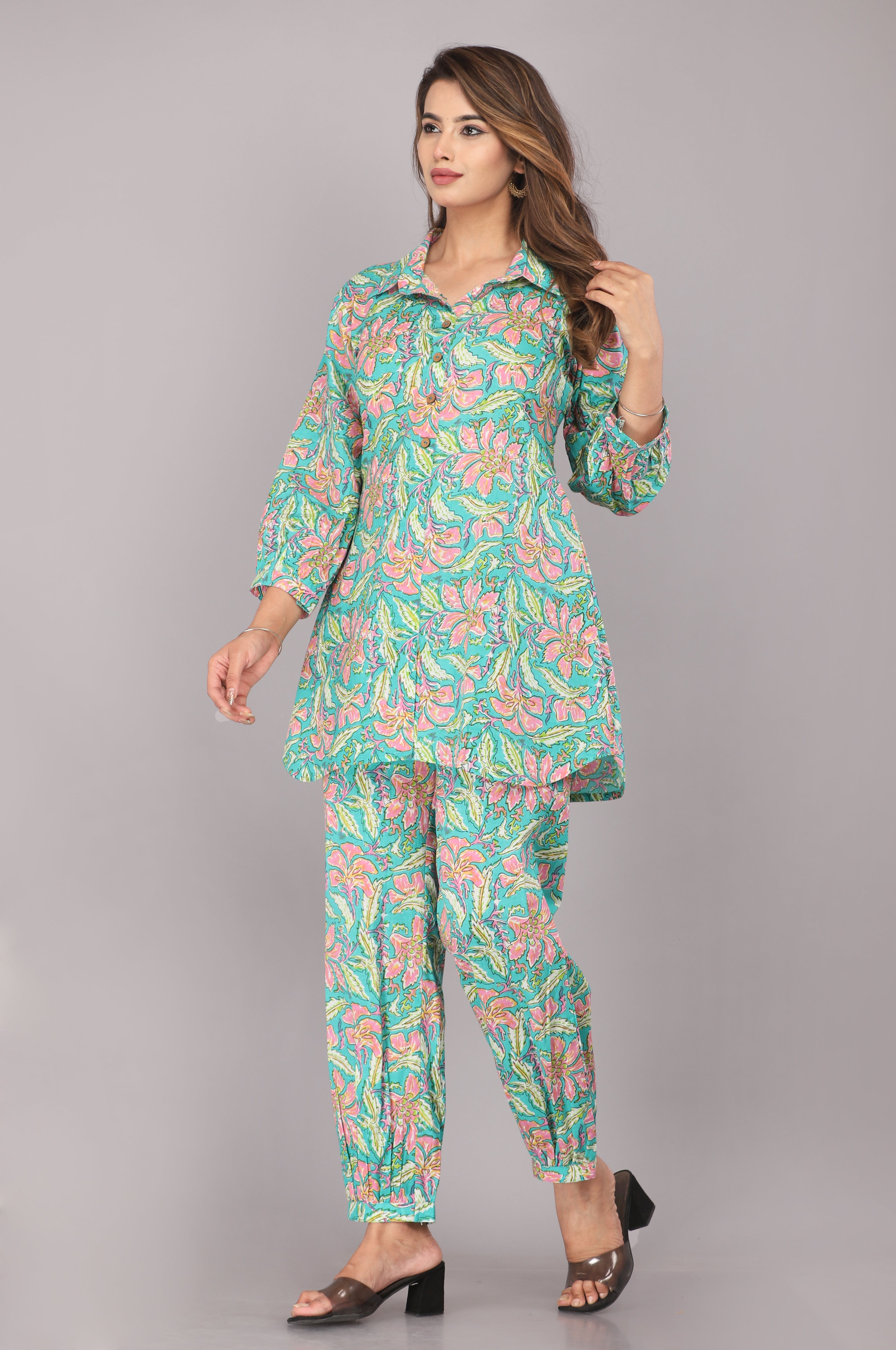 Sea Green Floral Printed Pure Cotton Co-ord Set