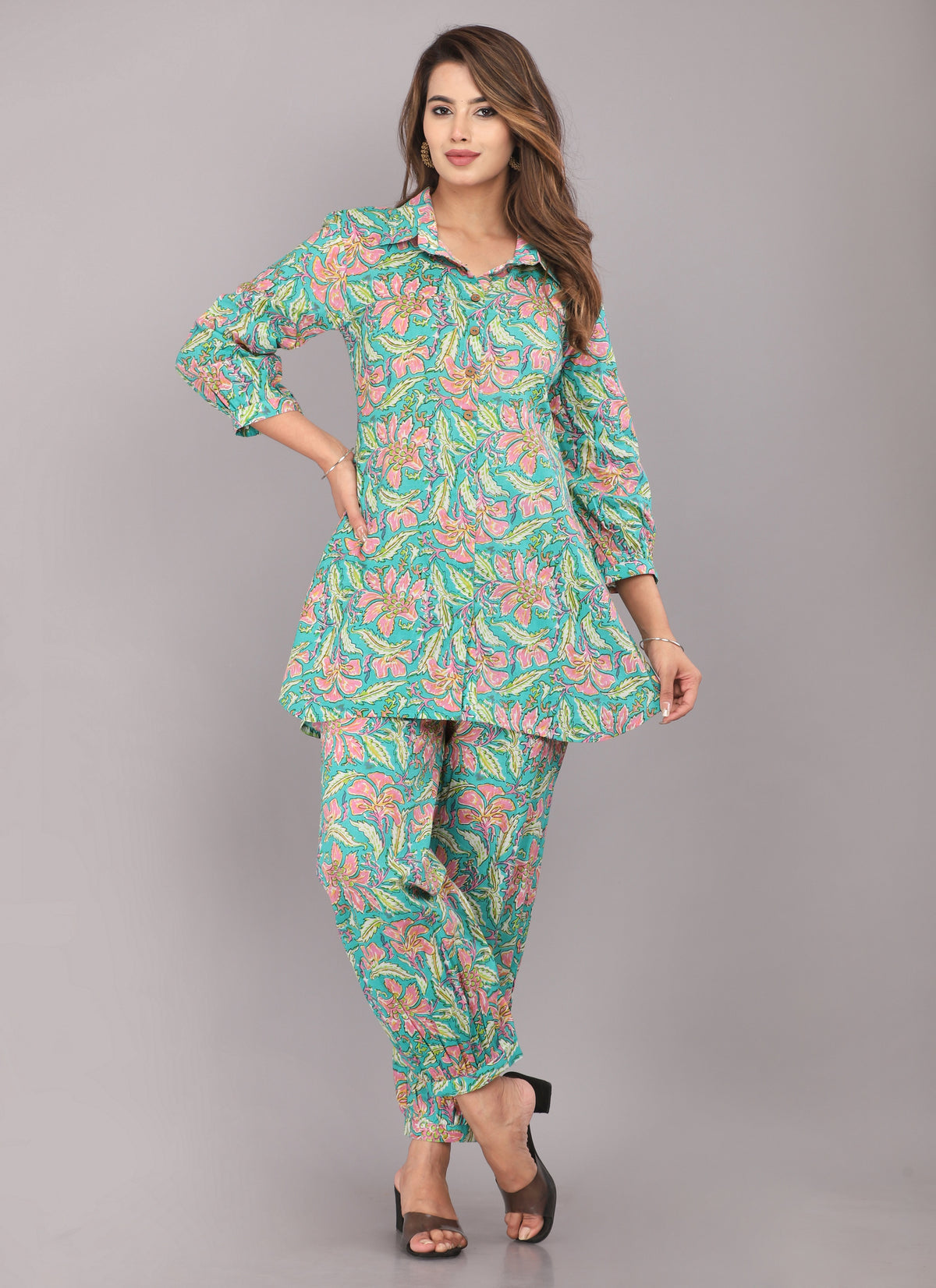 women [Sea Green pure cotton block printed co-ord set
