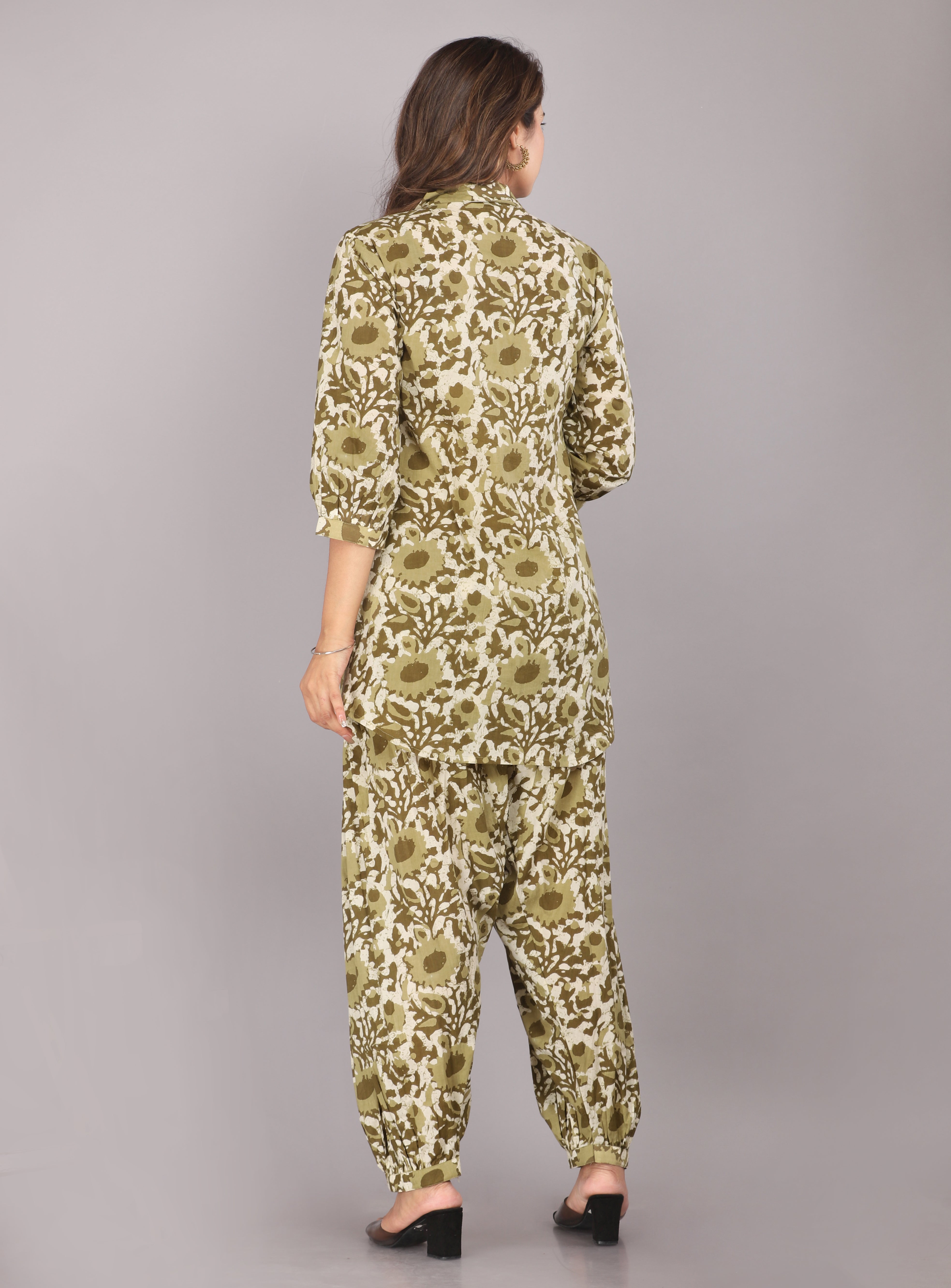 Olive Floral Printed Pure Cotton Co-ord Set