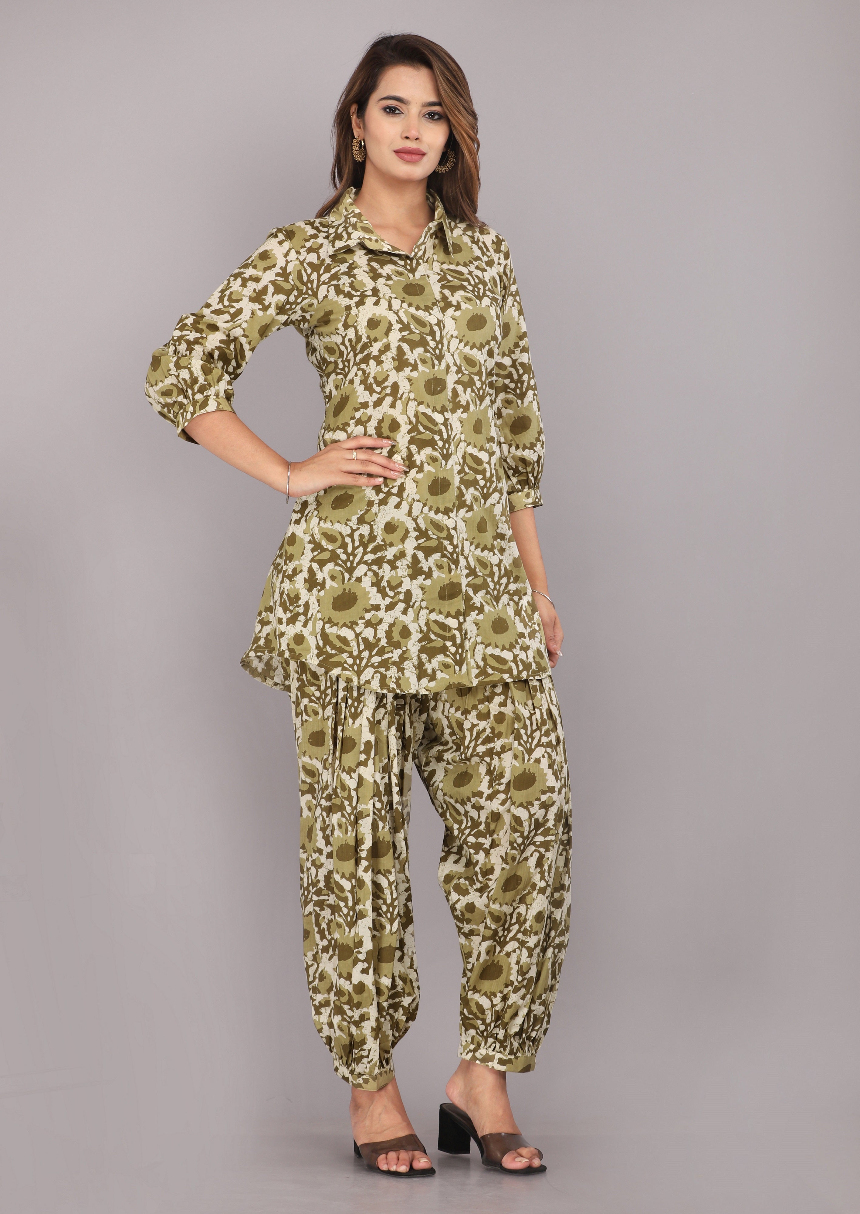 women [Olive Green] pure cotton block printed co-ord set