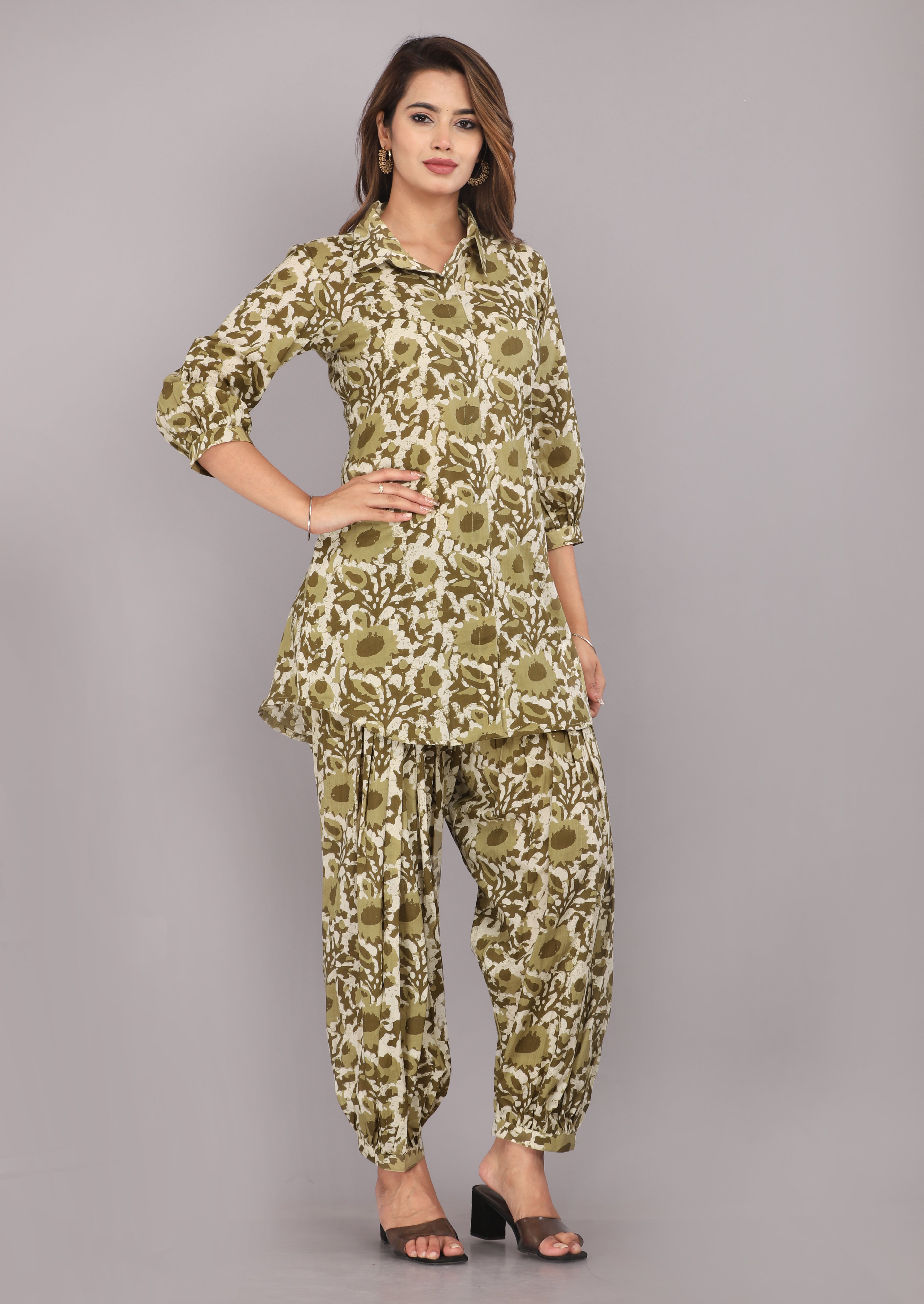 Olive Floral Printed Pure Cotton Co-ord Set
