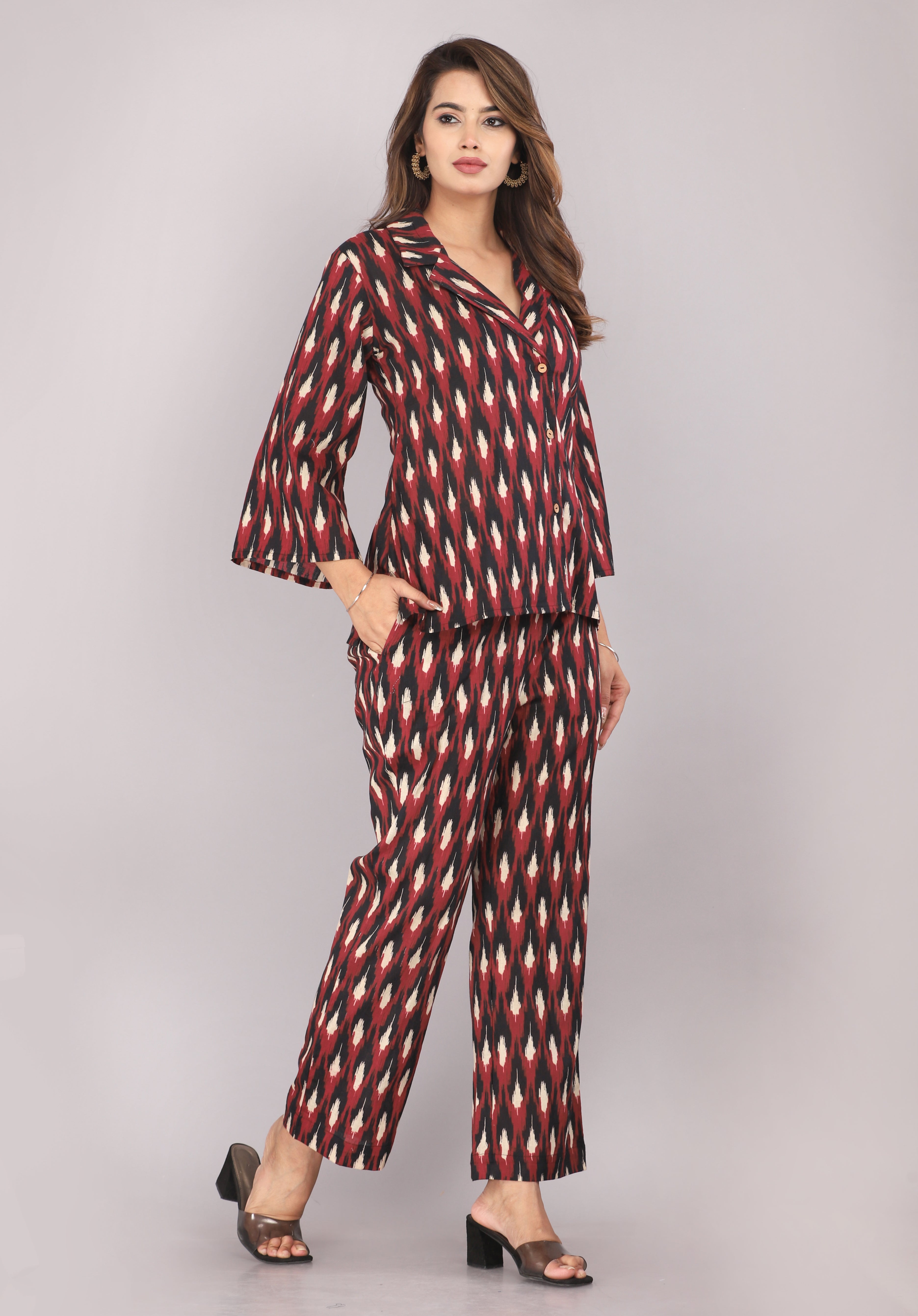 Maroon Ikkat Printed Pure Cotton Co-ord Set