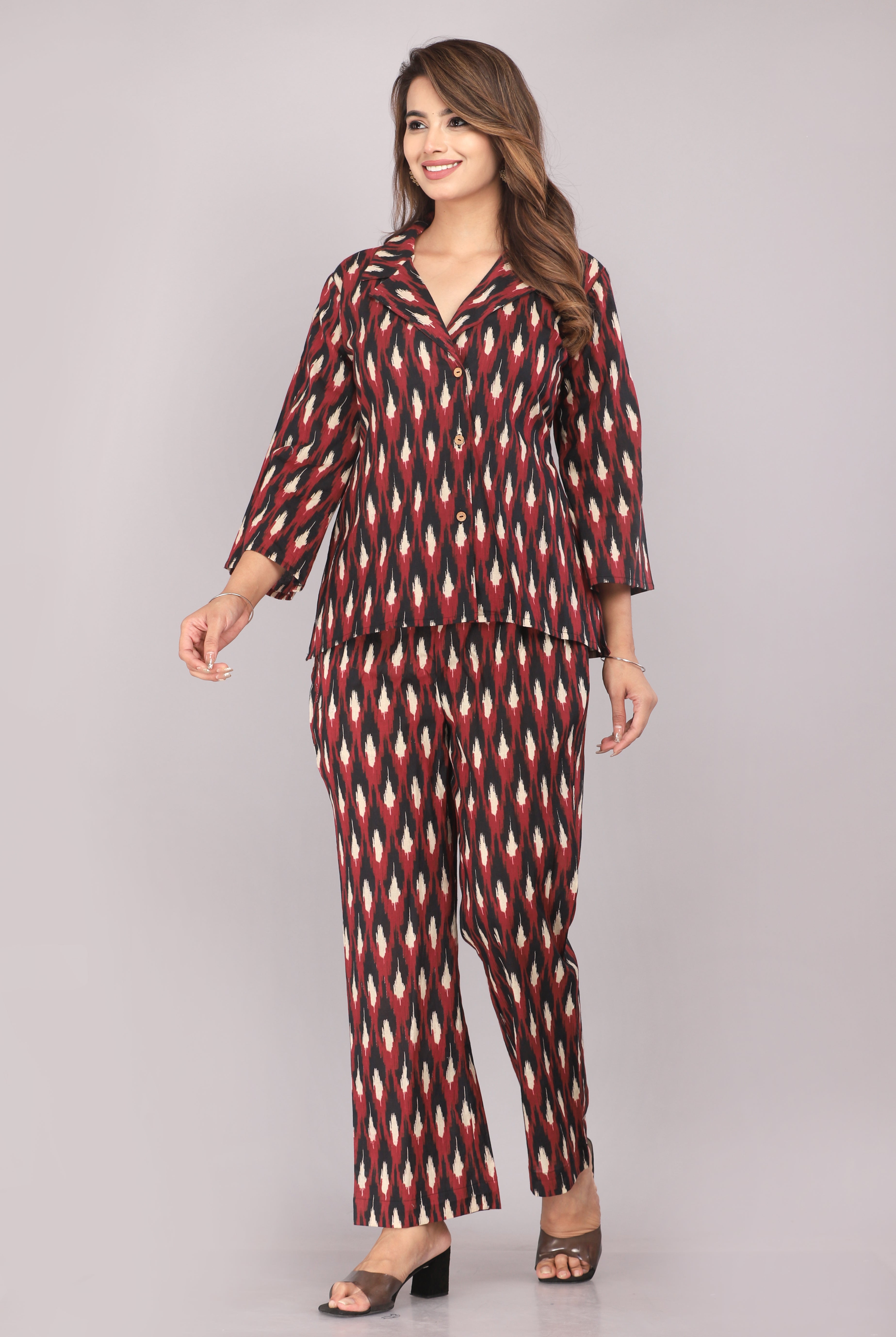 Maroon Ikkat Printed Pure Cotton Co-ord Set