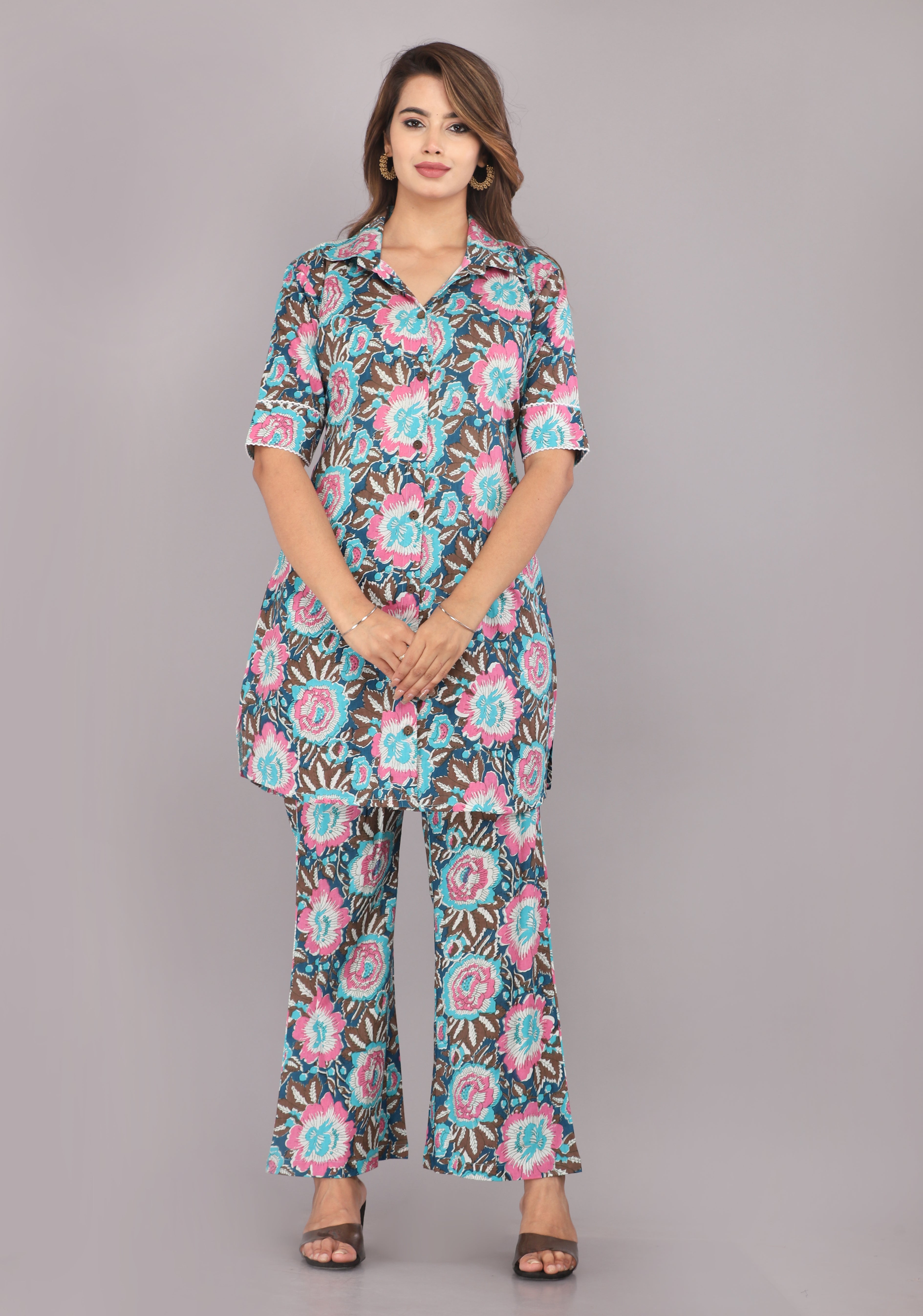 Turquoise Floral Printed Pure Cotton Co-ord Set