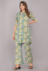 side view of cotton block print co-ord set for women