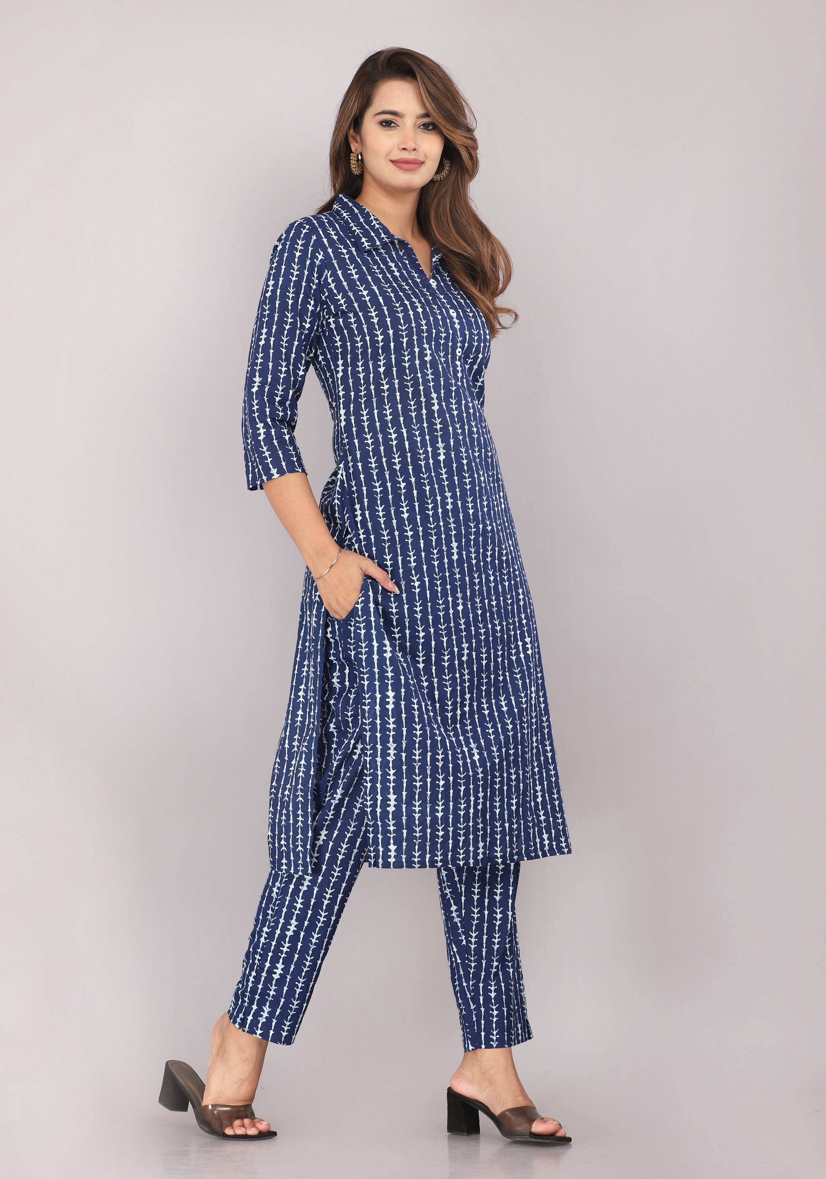 side view of cotton block print co-ord set for women
